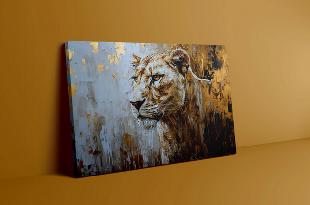 The image is a painting of a lion, depicting its majestic and powerful presence.