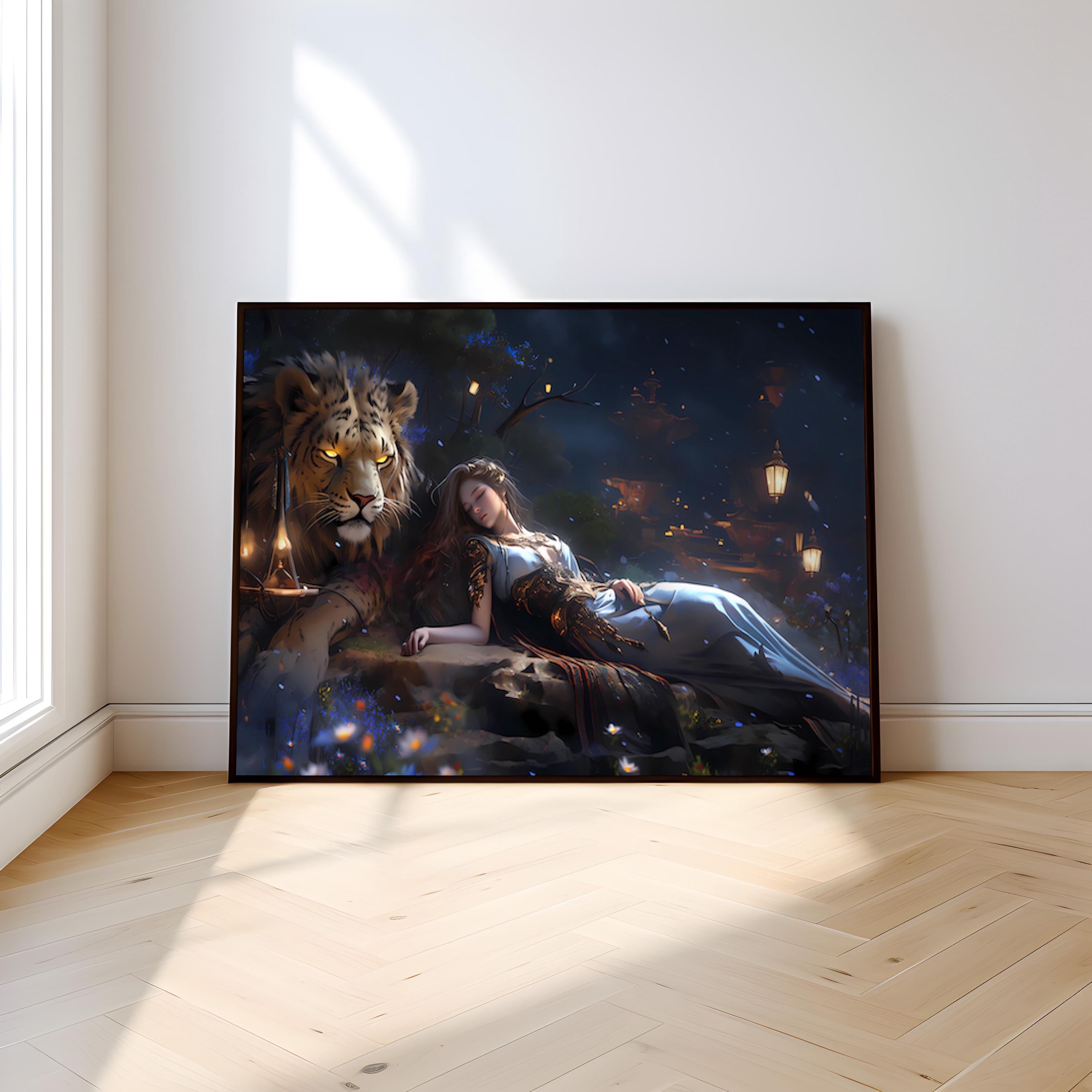 The Dream Guardian: Surreal Lion & Sleeping Woman Art | Mystical & Serene Wall Decor