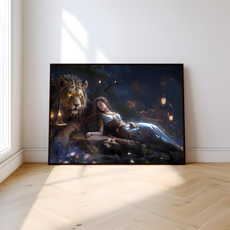 Surreal Lion Art – Dream Guardian Painting | Mystical Wall Decor & Serene Bedroom Art