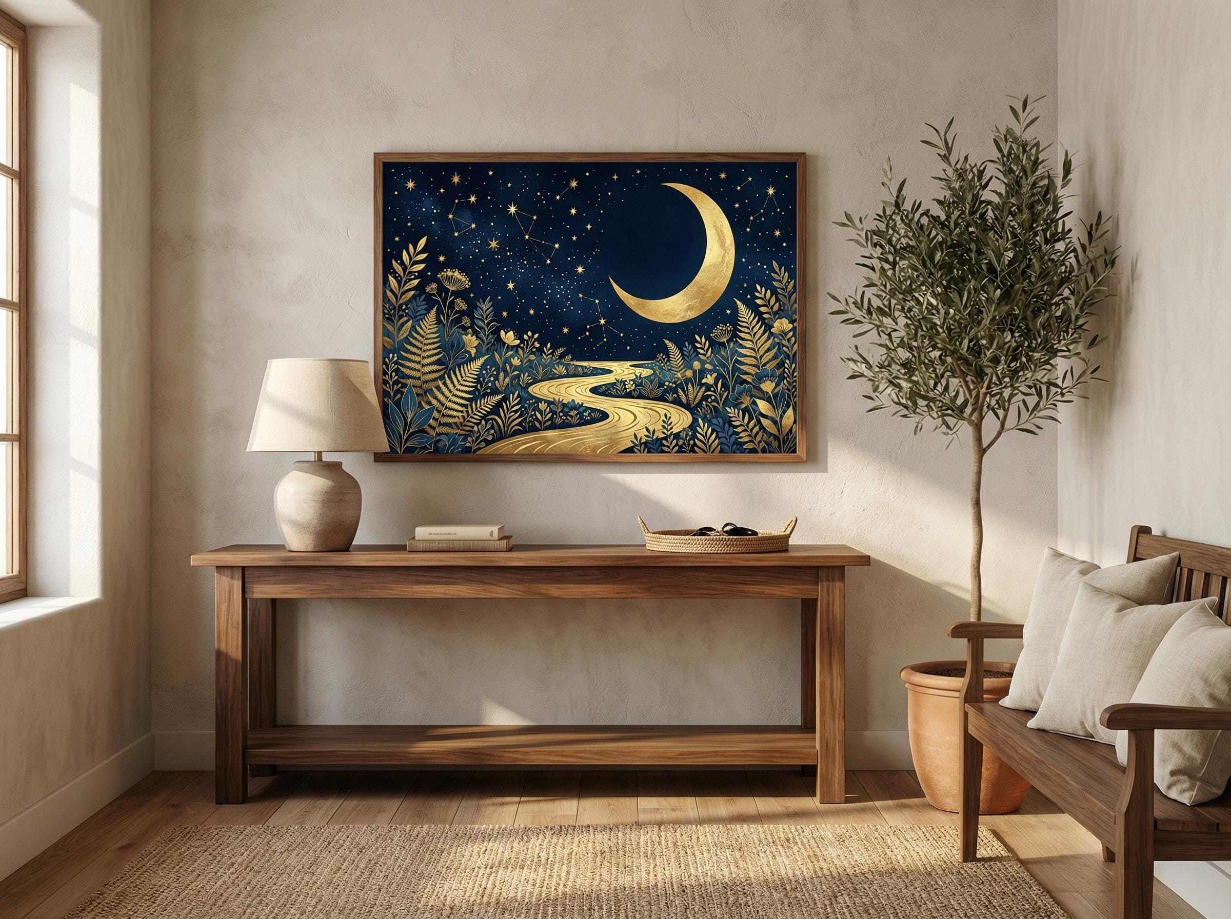 Wall Art Print: Golden Moon and Blue River - Abstract Design