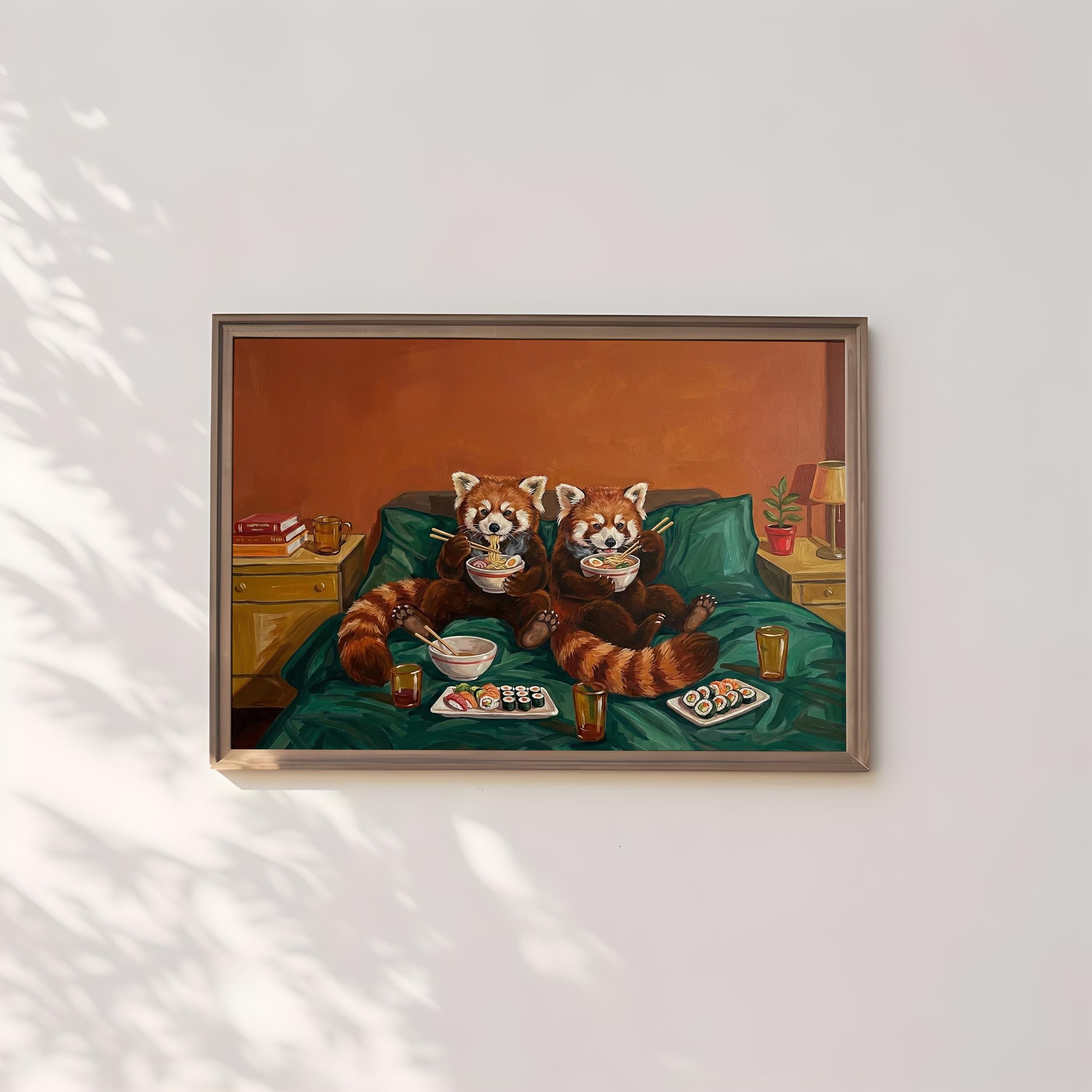 Funny Red Panda Wall Art: Cute Sushi Date - Cozy Kitchen Decor