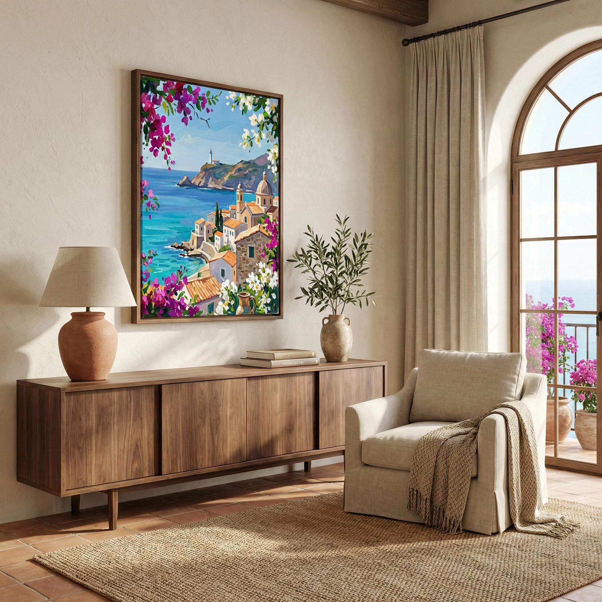 Mediterranean Coastal Art: Blue Shutters and Sea View (Canvas or Paper)