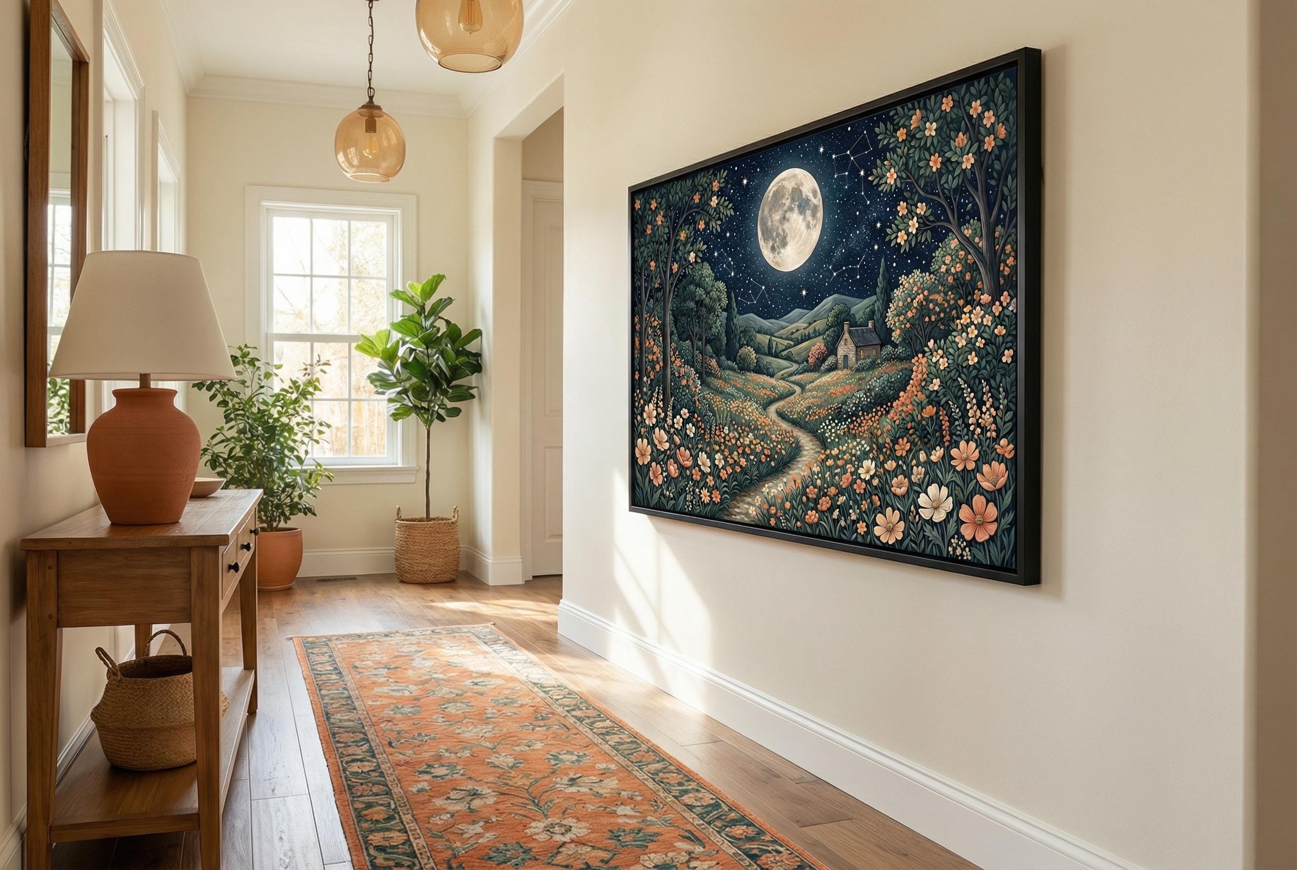 Moon and Flower Trail Art Print (Matte, Canvas, Framed Choices)