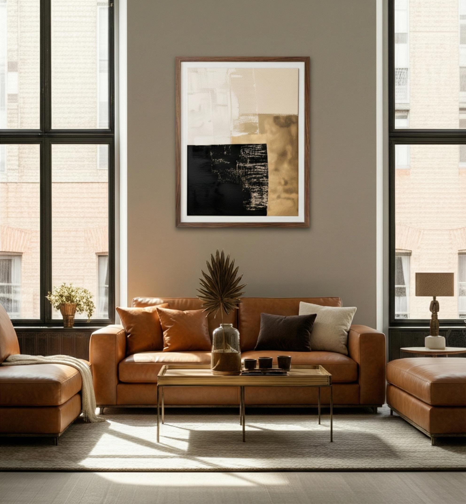 Abstract Canvas Art: Black, Gold, and Beige - Minimalist Decor