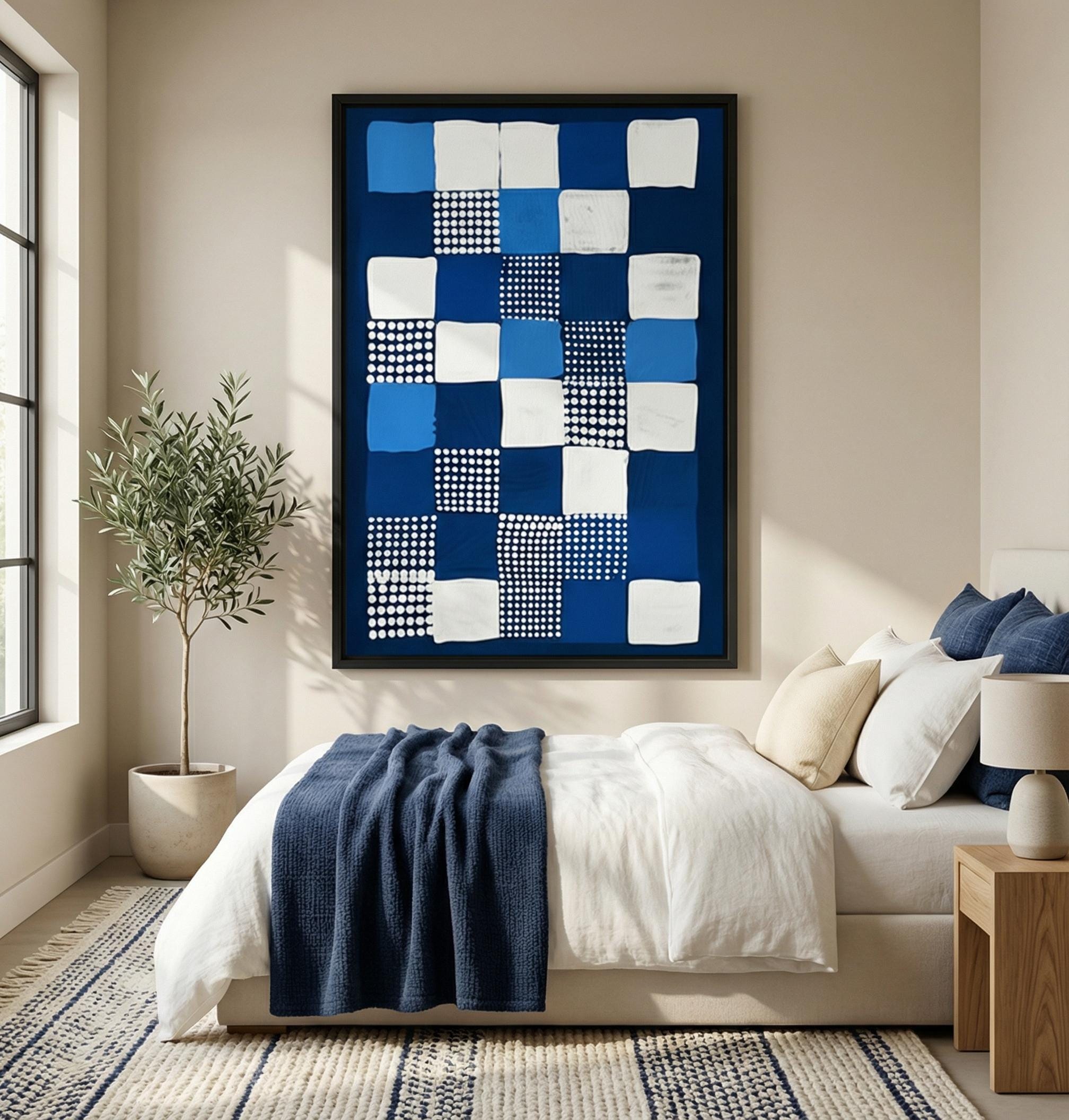 Modern Geometric Canvas Art, Persian Blue and White (Multiple Sizes)