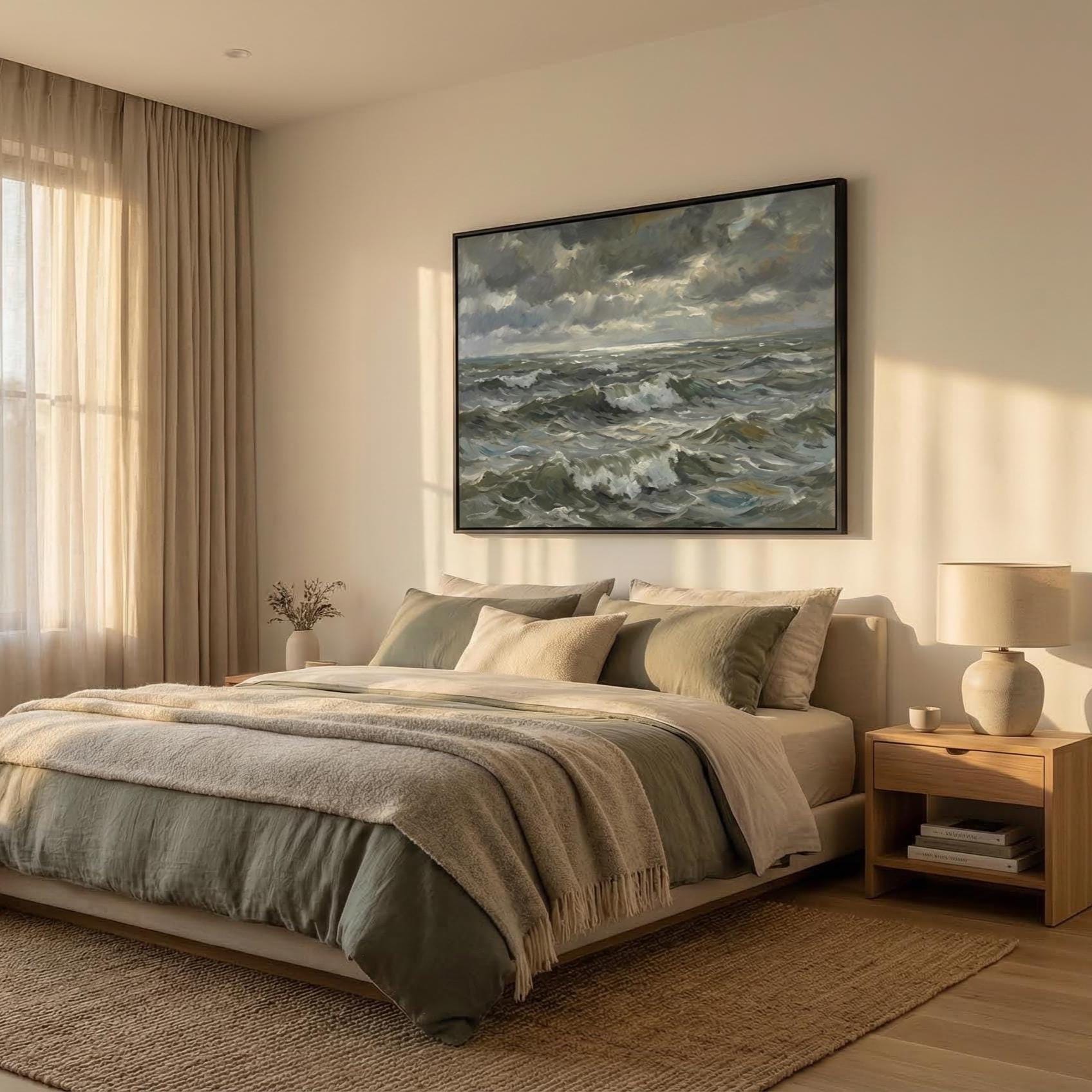 Moody Ocean Waves Painting Vintage Seascape Wall Art Stormy Sea Print Dark Coastal Decor Canvas