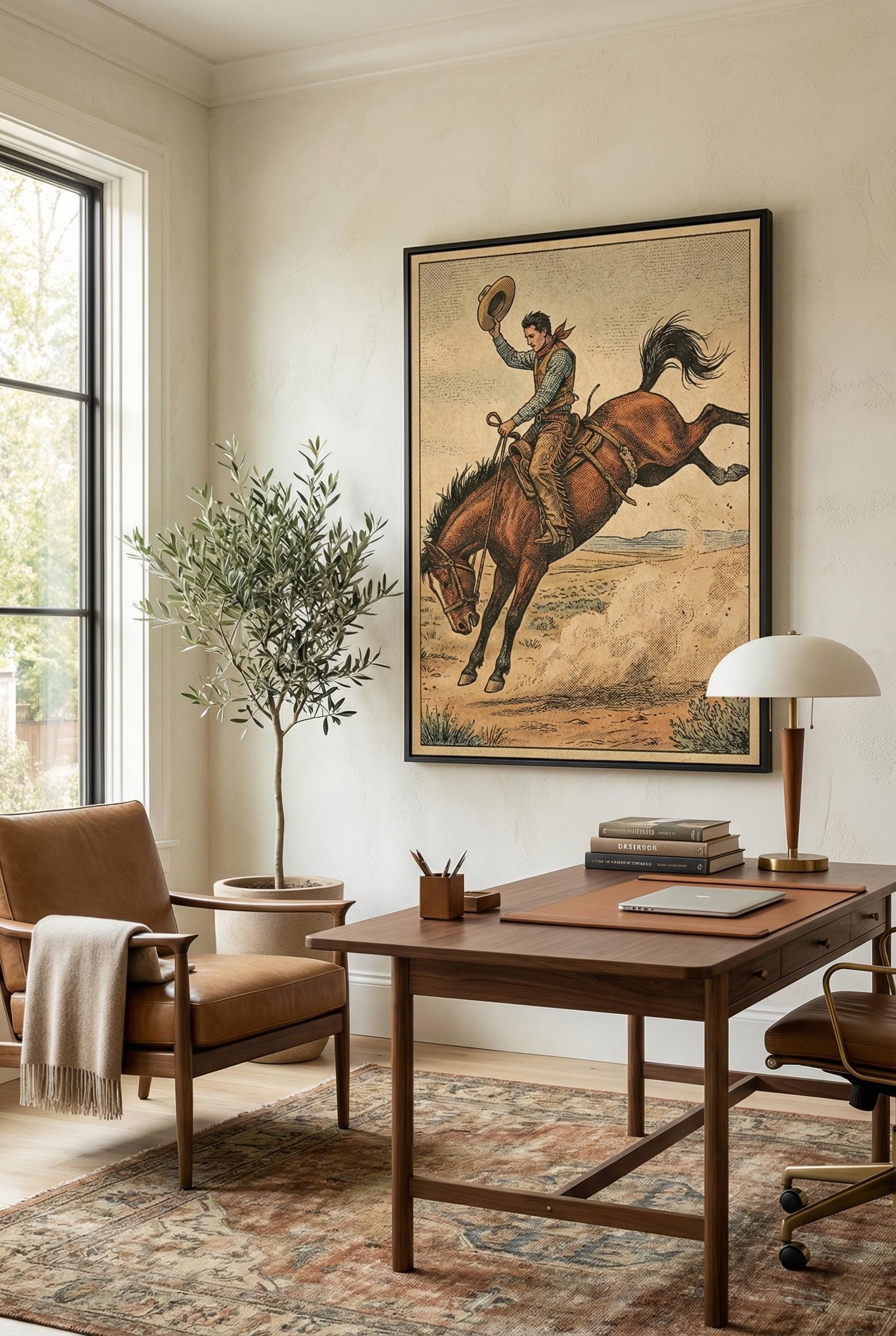 Cowboy on Horse Art Print, Rustic Western Decor (Canvas or Paper)