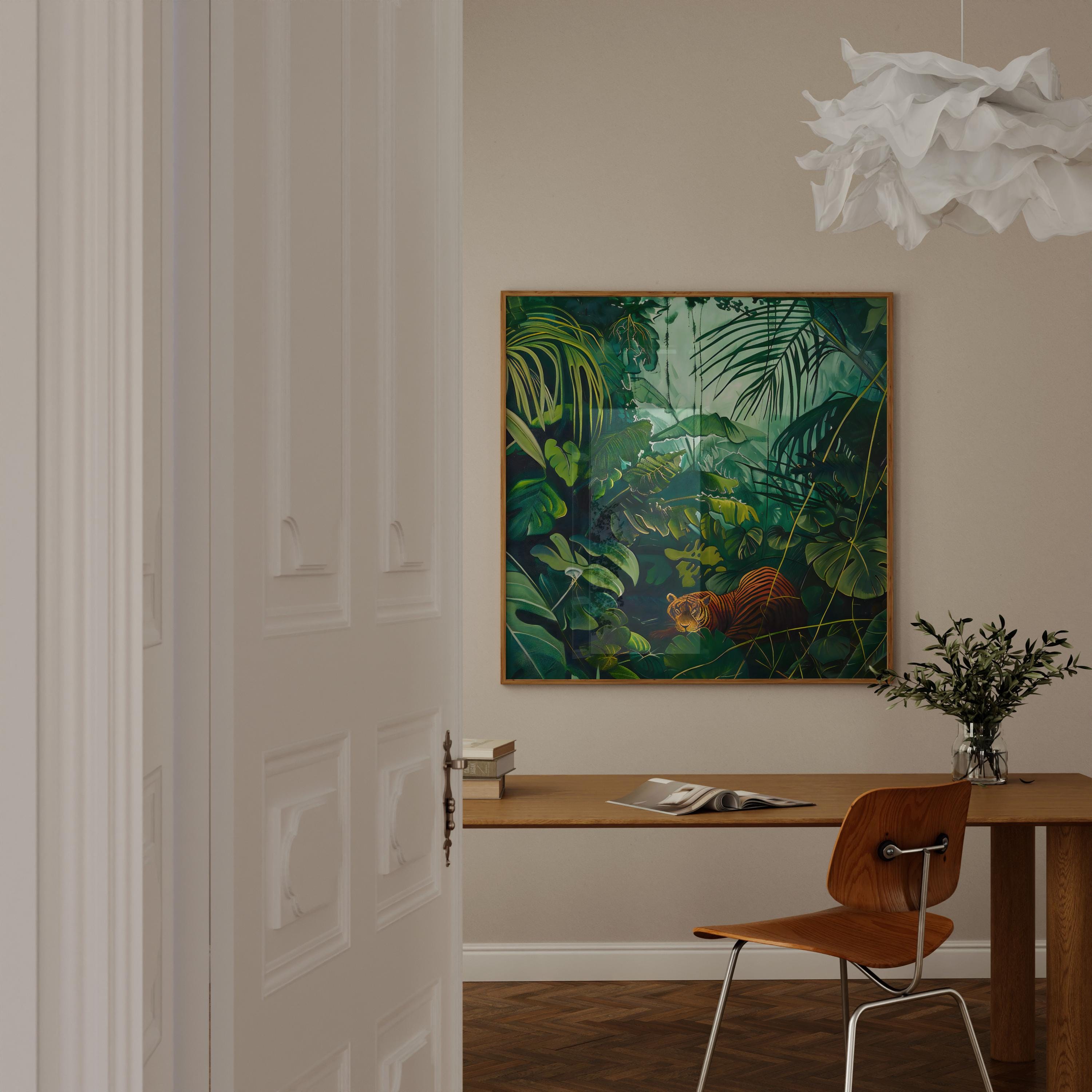 Jungle Serenity: Majestic Tiger Resting in Tropical Art | Green Wildlife Decor