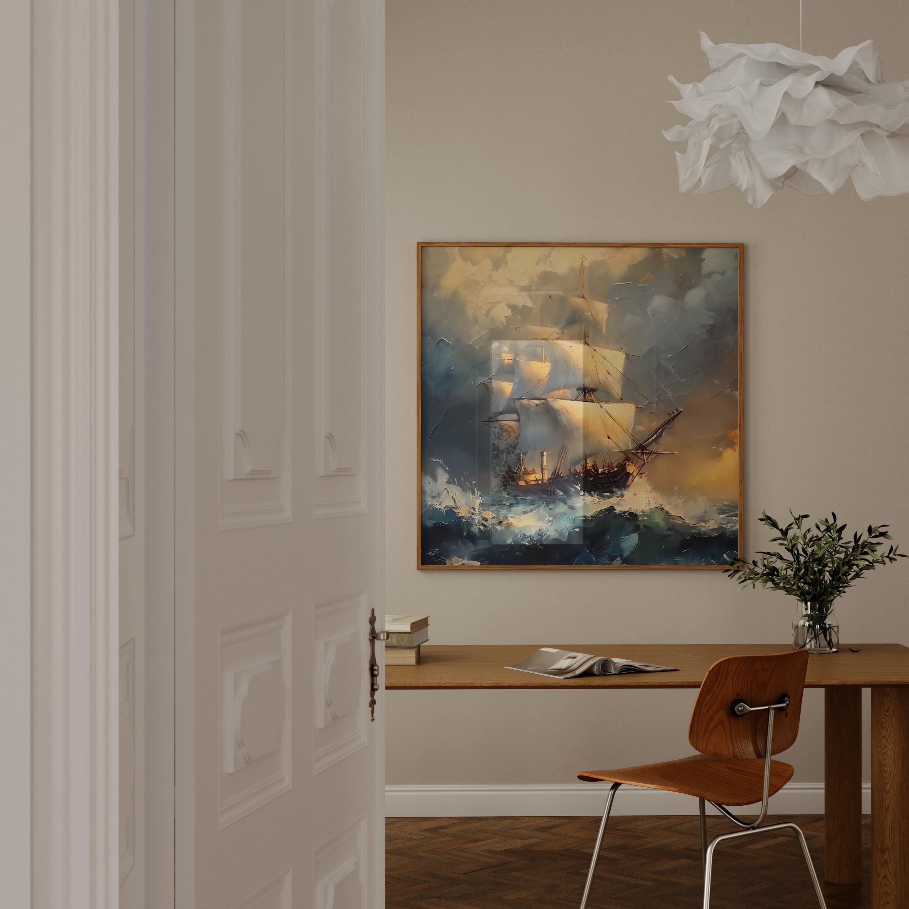 The Unconquered: Classical Stormy Sea Ship Painting | Dramatic Nautical Adventure Art
