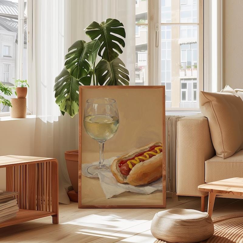 Hot Dog and Wine Wall Art: Funny Food Painting - Kitchen Decor