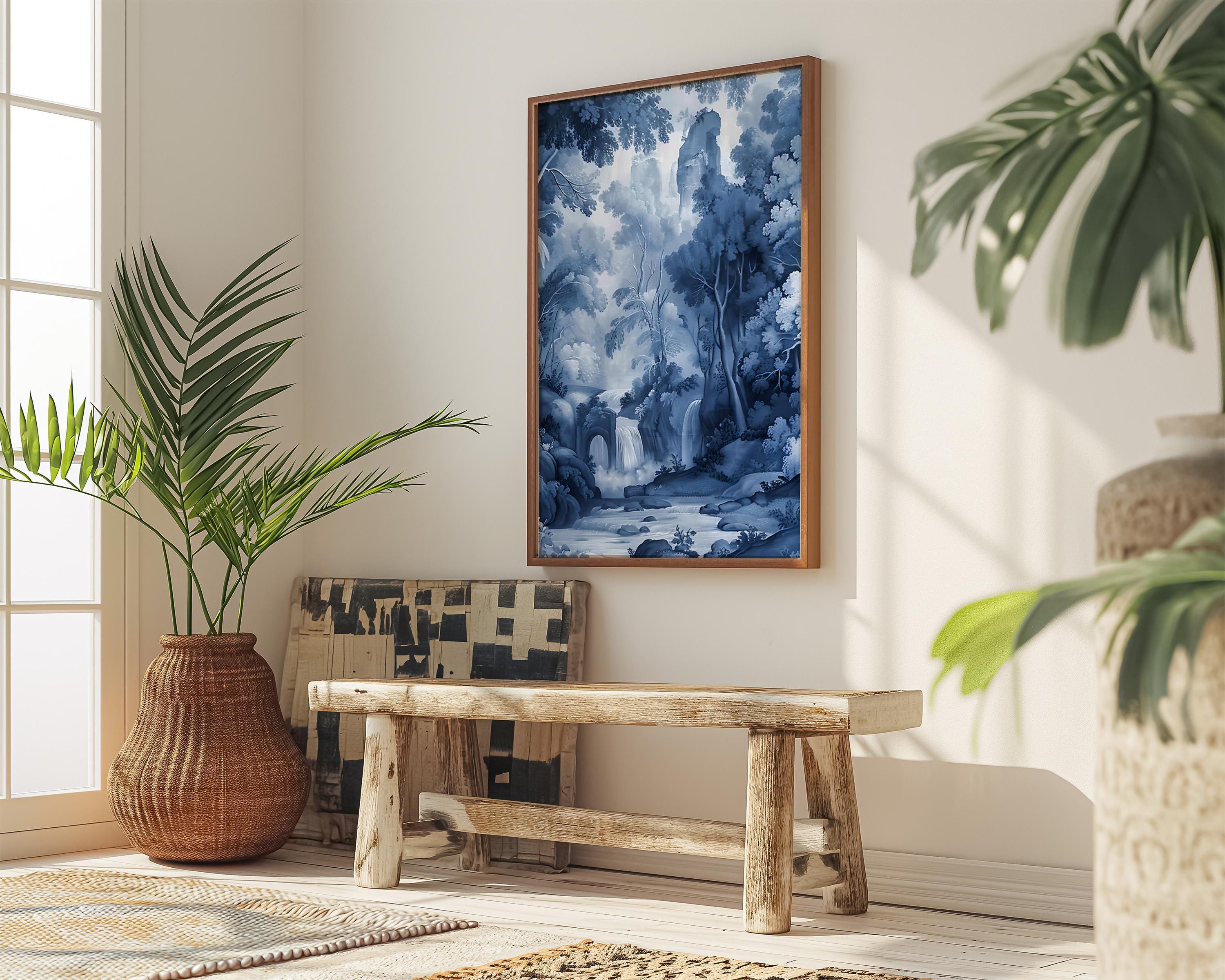 Ethereal Echoes: Blue Monochrome River & Ruins Landscape | Moody & Romantic Wall Art