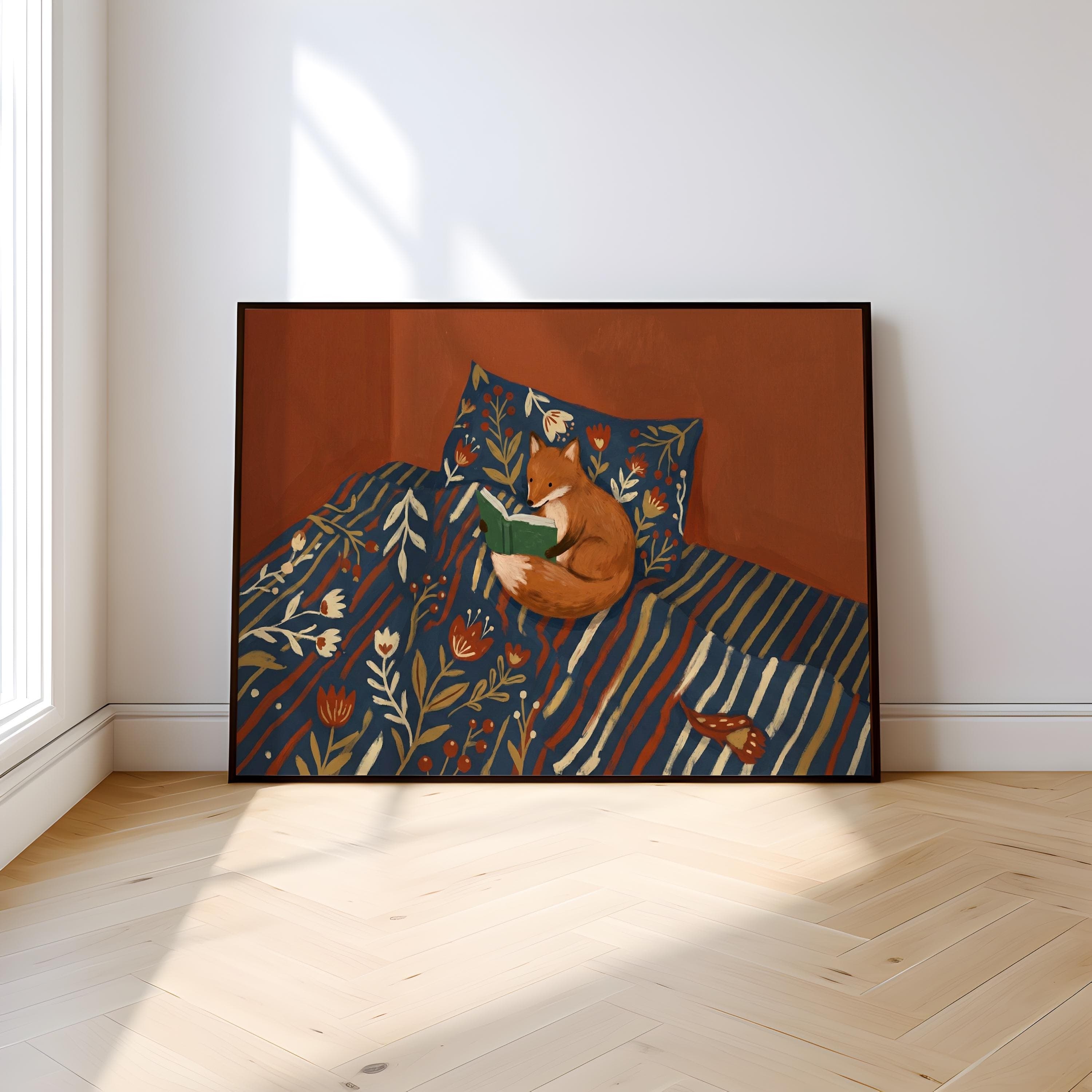 Fox Reading Illustration: Woodland Animal Art (Canvas or Print)