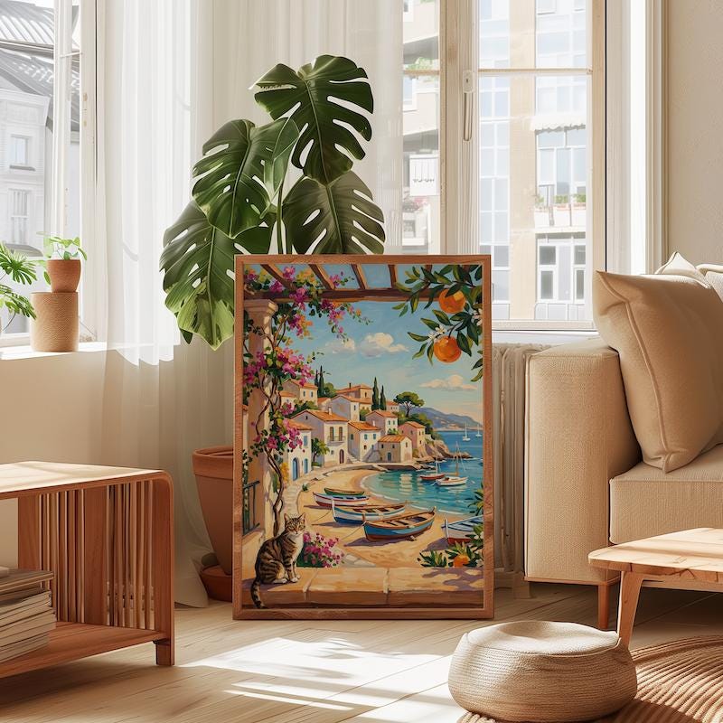 Italian Coastal Wall Art: Mediterranean View with Cat - Vibrant Colors