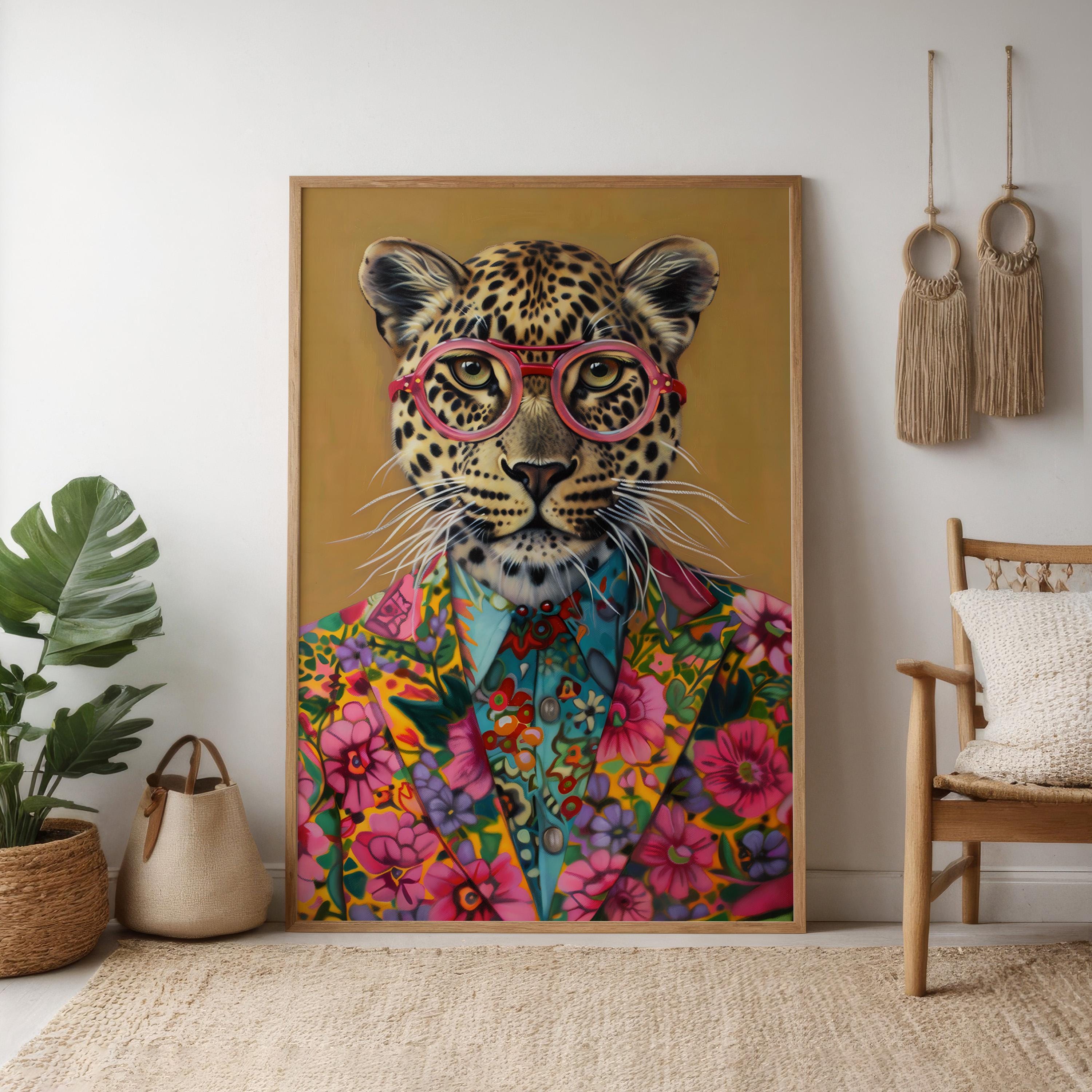 The Fashionista: Chic Leopard in Pink Glasses & Floral Jacket | Vibrant & Modern Animal Print Decor