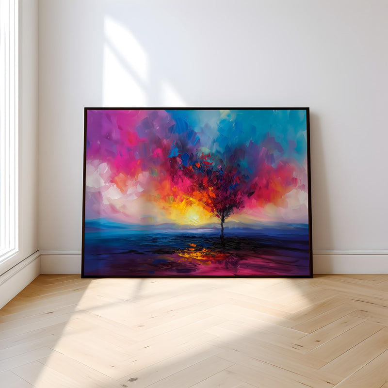 Vibrant Abstract Tree Art – Colorful Landscape Art | Dynamic Sunset Wall Decor