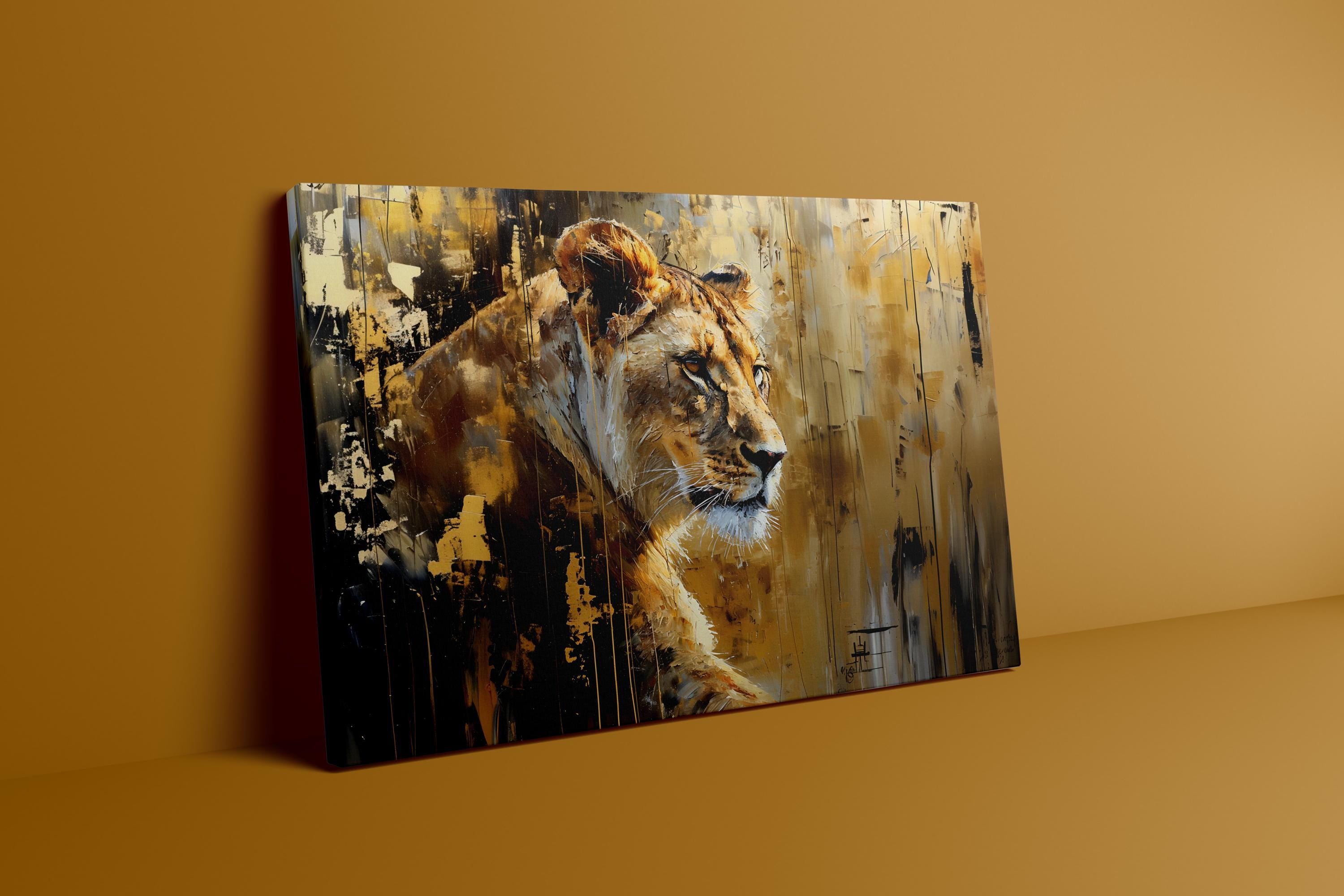 The Golden Queen: Majestic Lioness Abstract | Modern & Temporal Impressionist Art