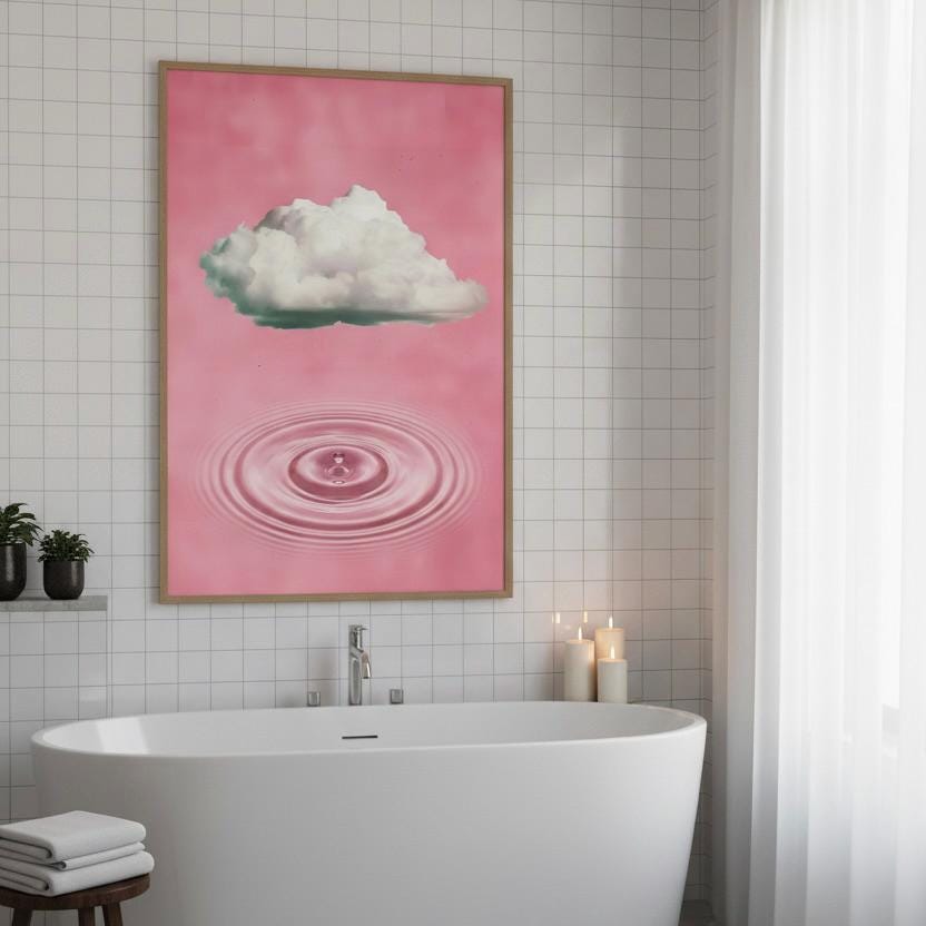 a bathroom with a large pink poster of a cloud above a white bathtub, along with candles and a tiled wall.