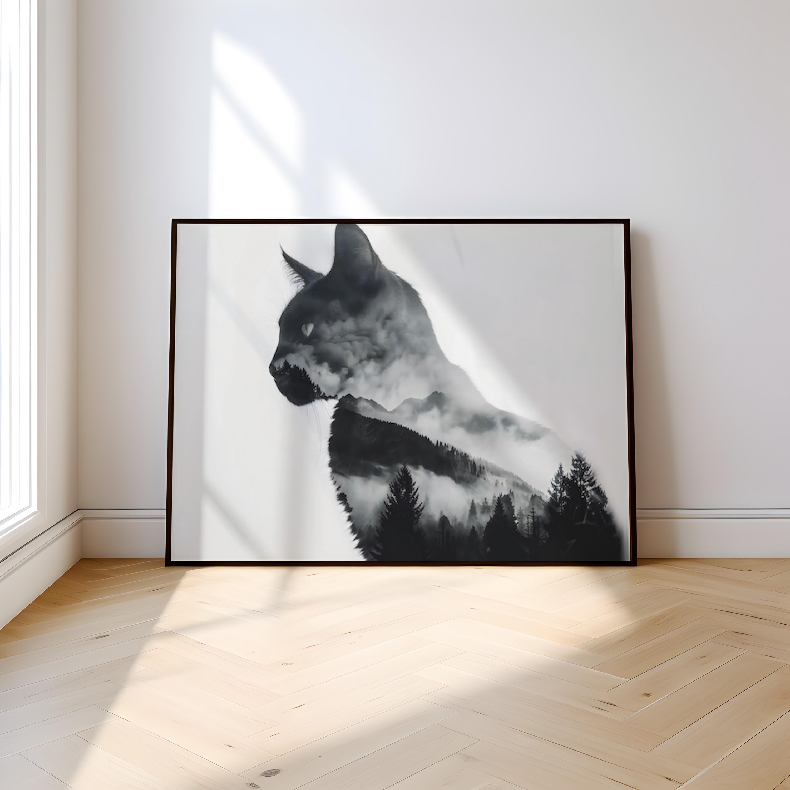Spirit of the Wild: Surreal Cat & Mountain Double Exposure Art | Ethereal Black & White Decor
