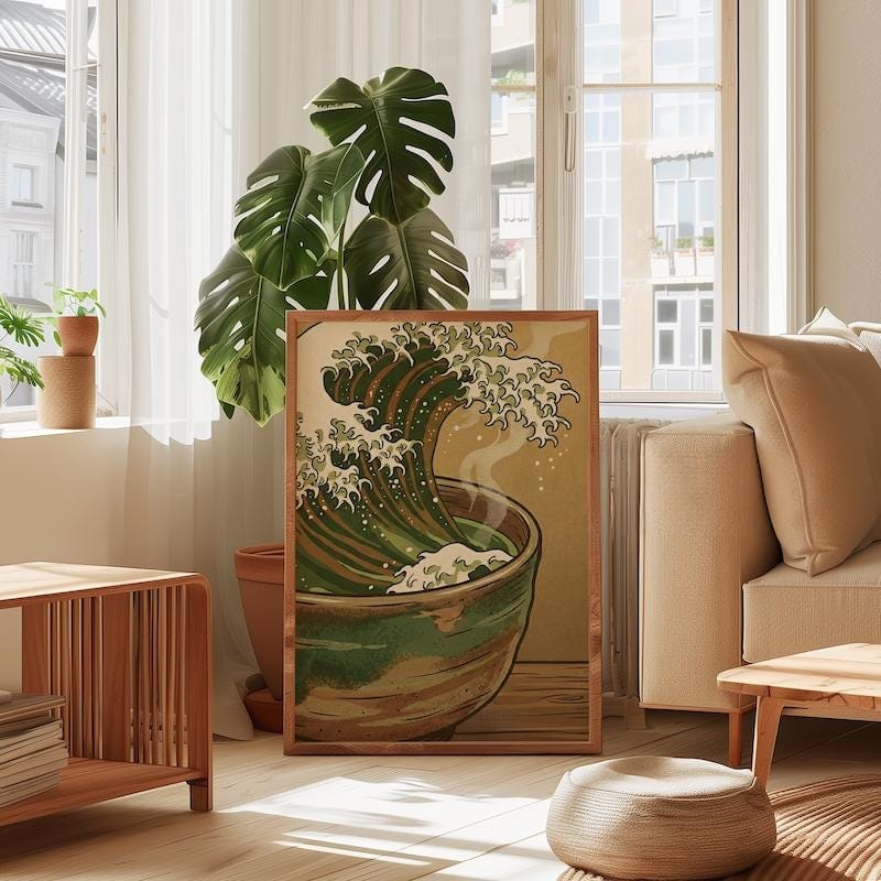 Great Wave Tea Cup Art - Surreal Matcha Print in Sea Foam Green