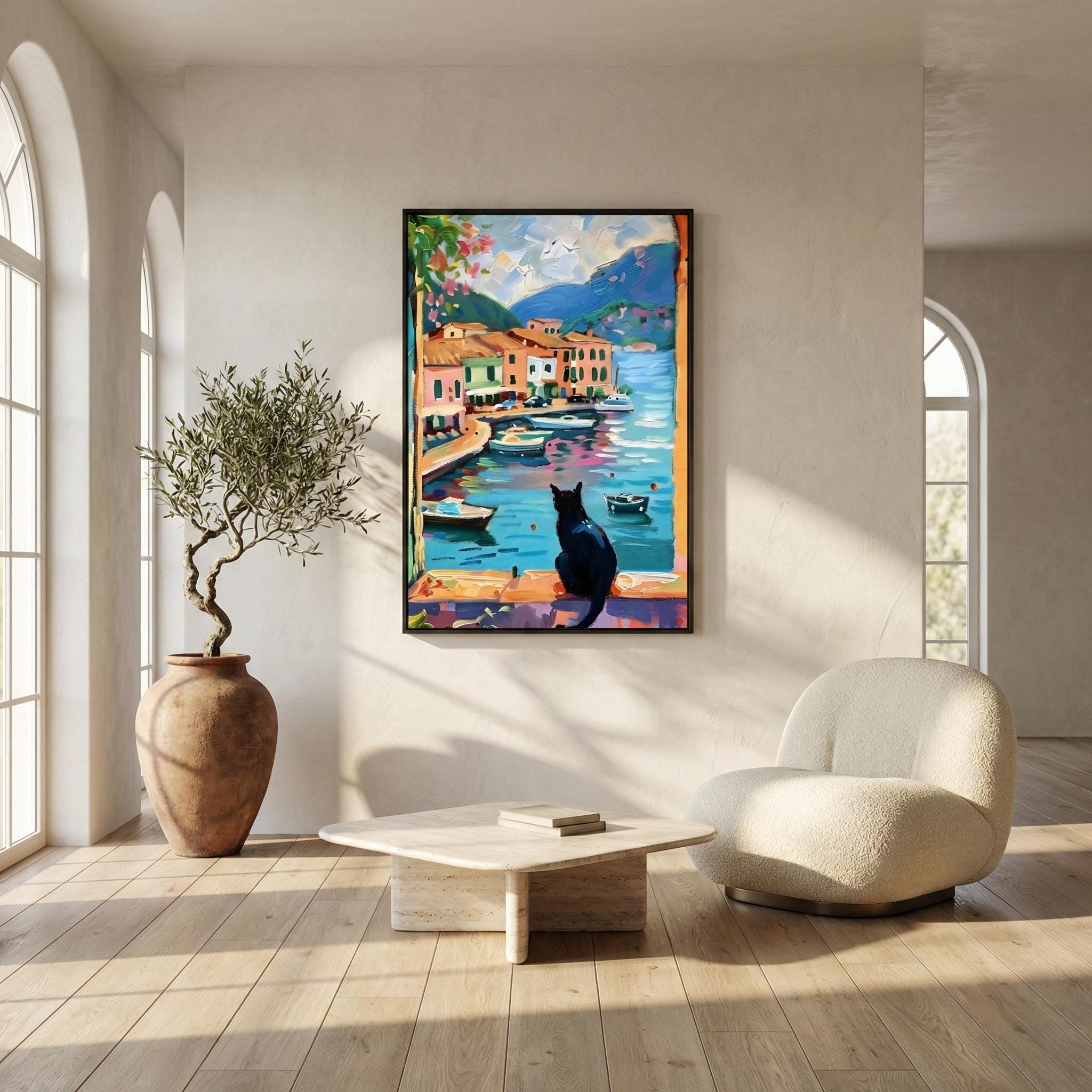 Coastal Town Wall Art: Black Cat, Vibrant Colors, Framed Canvas