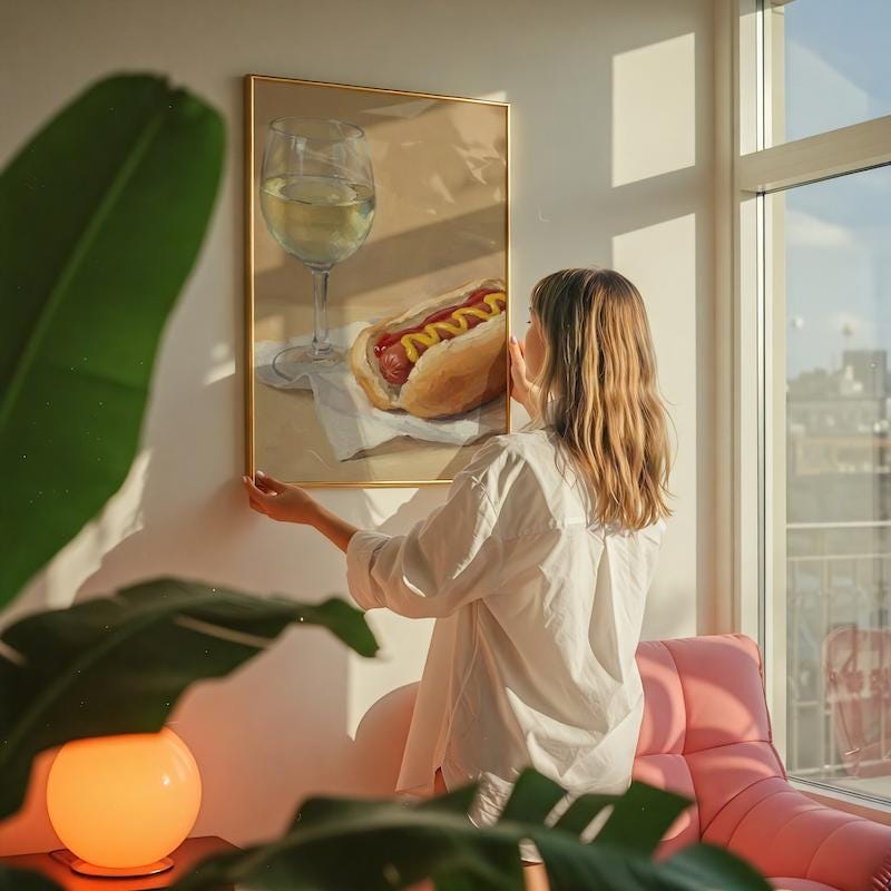 Hot Dog and Wine Wall Art: Funny Food Painting - Kitchen Decor