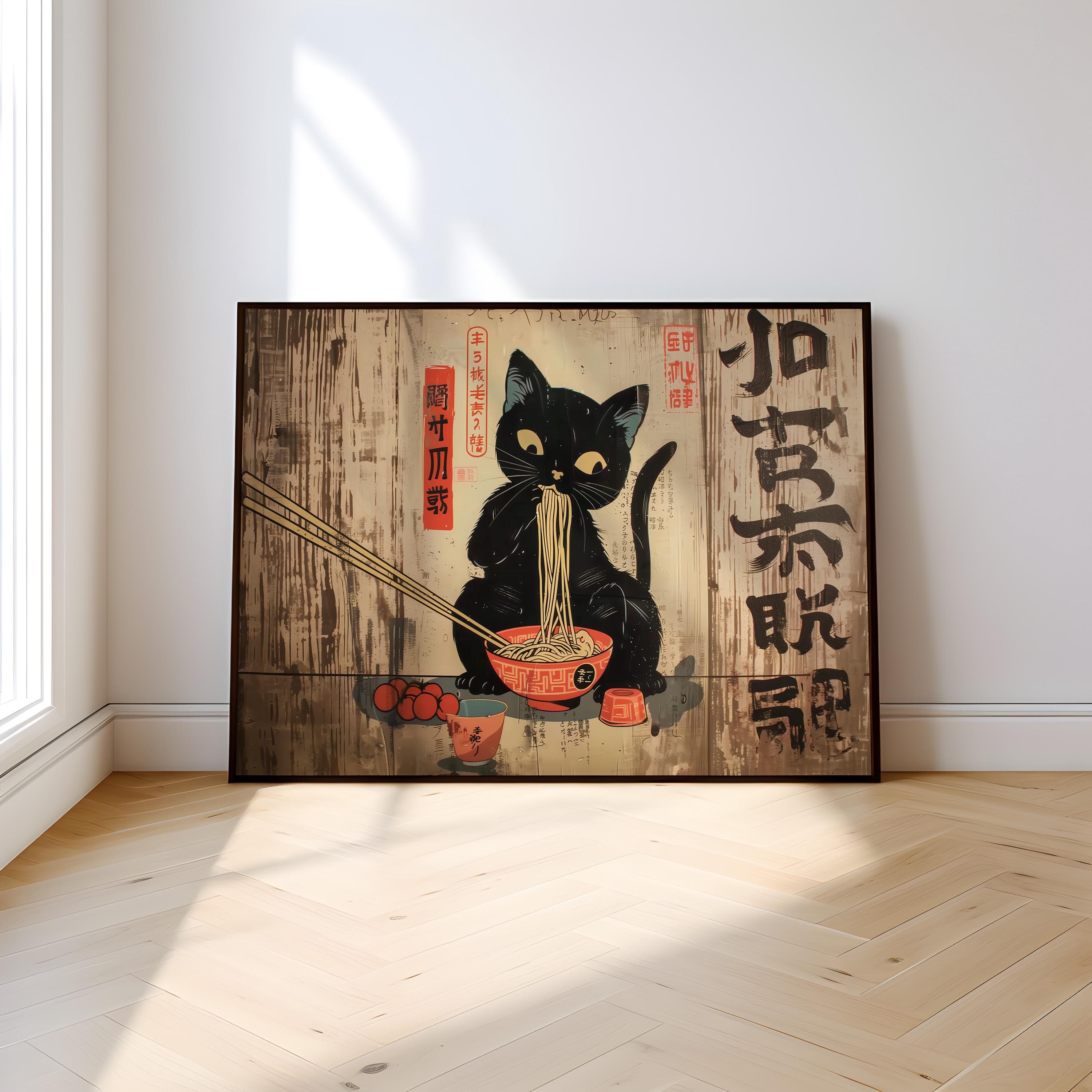 Whimsical Black Cat Ramen Art - Cozy Japanese Edo Decor