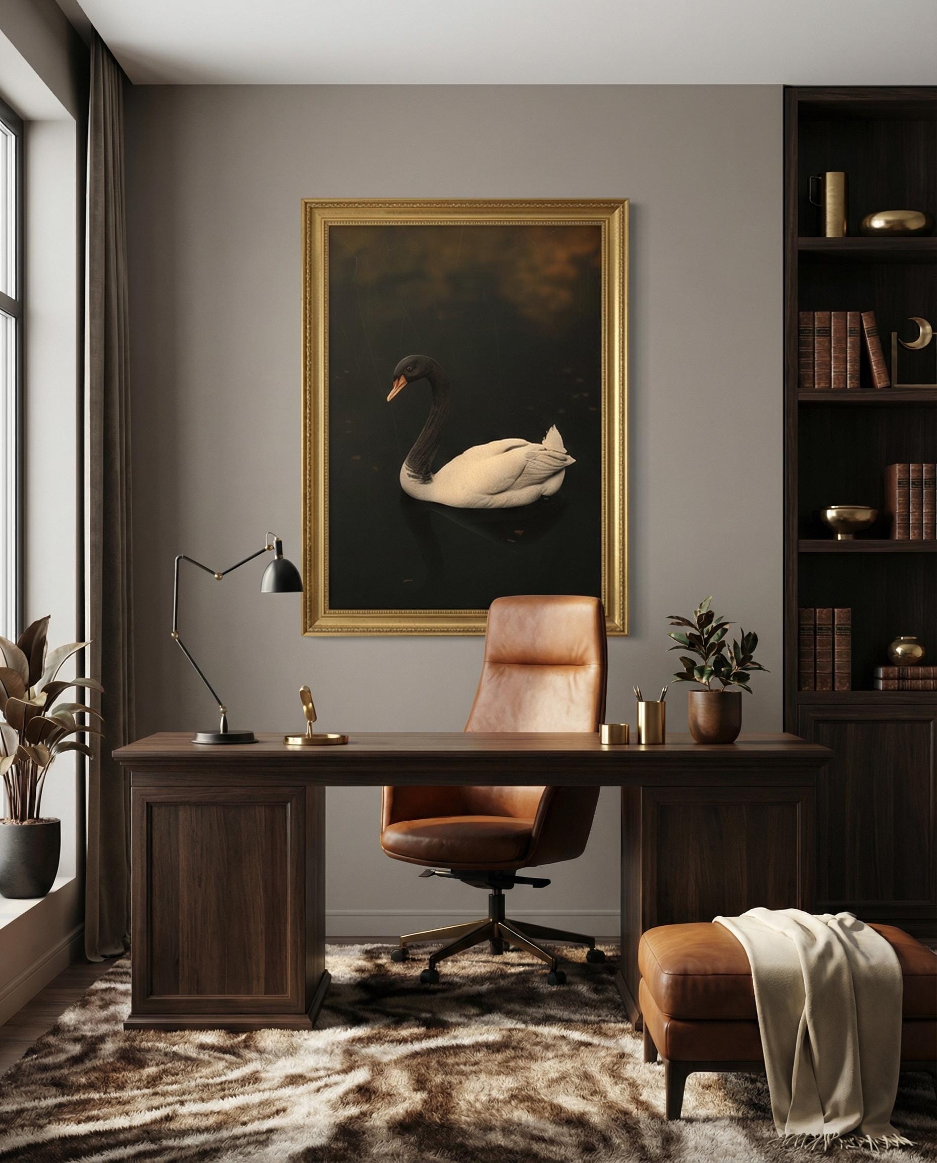Black Swan Canvas Art: Moody Vintage Lake Scene