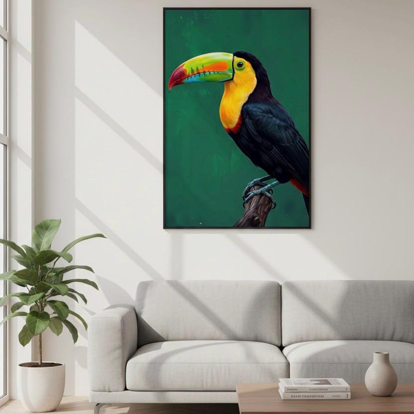 Toco Toucan Wall Art | Tropical Emerald Green Animal Print | Vibrant Jungle Canvas Decor | Framed Artwork for Home or Office