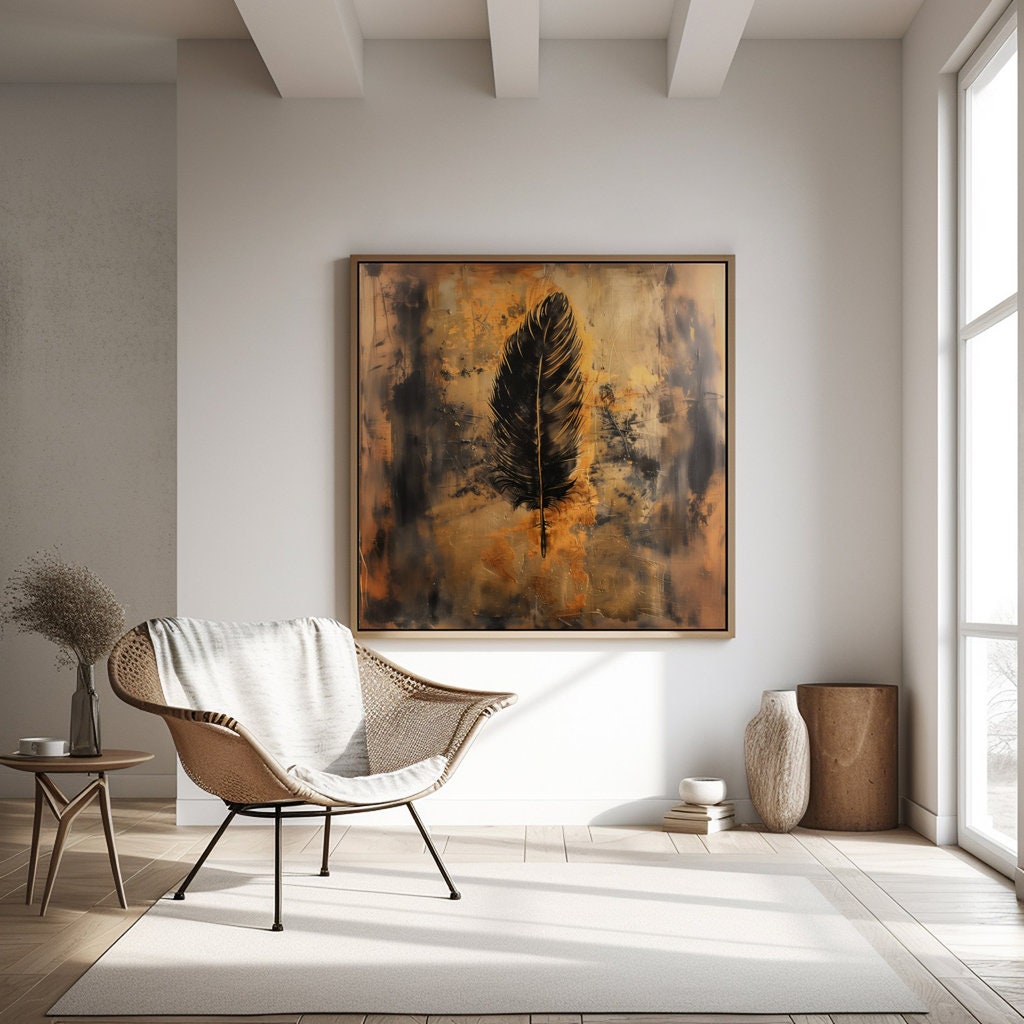 Old Feather: Modern Abstract Wall Art in Gold & Black, Framed Canvas Print, Modern Minimalist Art, Immersive Art, QR code Live Art