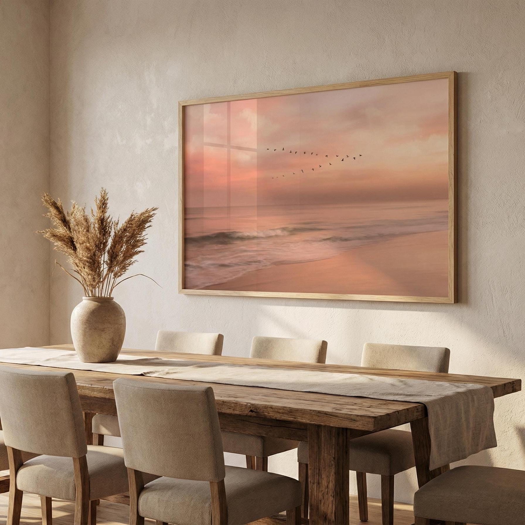 Twilight Beach Art Print, Orange Sunset (Framed or Rolled Canvas)