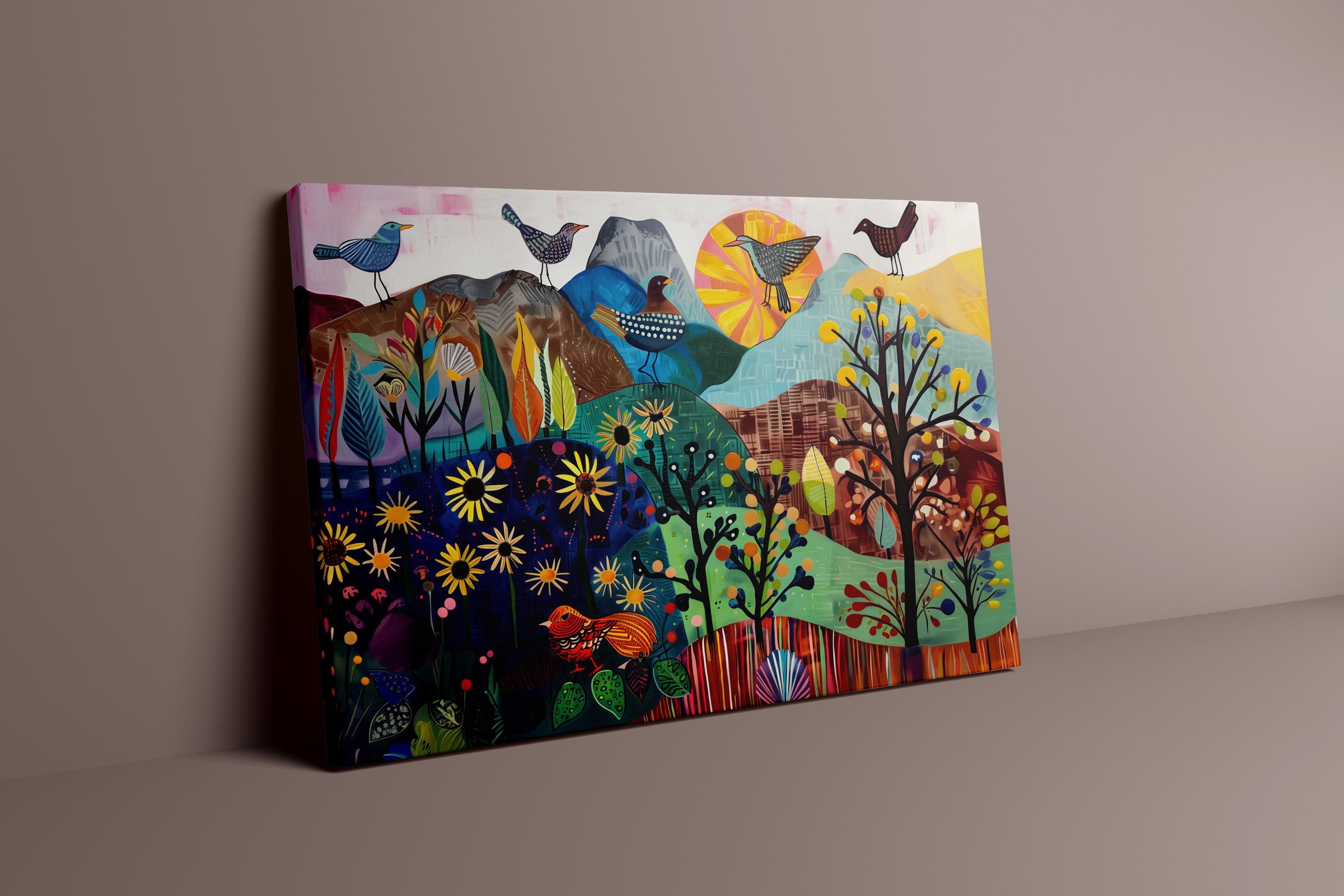 Little Green Valley Wall Art: Serene Birds and Mountain Landscape