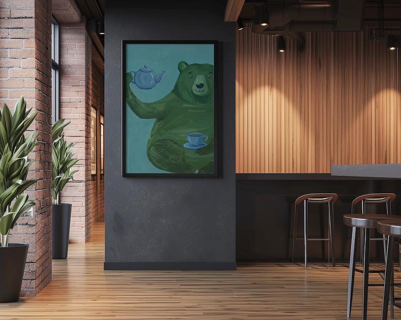 Whimsical Green Bear Wall Art - Playful Tea Party Illustration