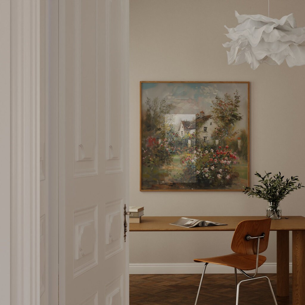 Vintage Cottage Rose Garden Art Print | Nostalgic & Tranquil Floral Wall Decor