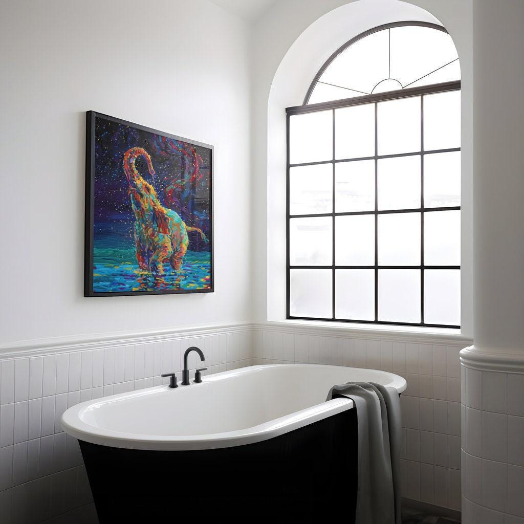 Cosmic Elephant: Fantastical Blue & Colorful Animal Art | Surreal Space Wall Decor
