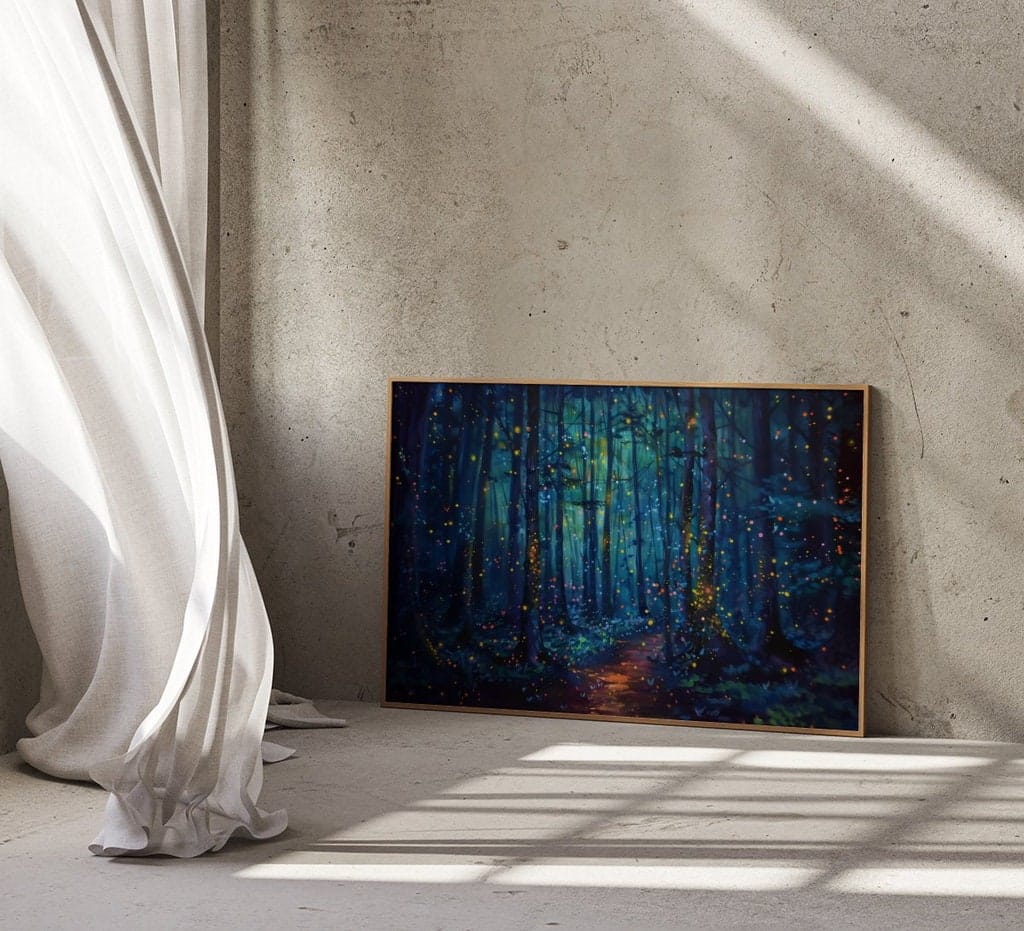Enchanted Forest Wall Art: Glowing Fireflies, Night Path