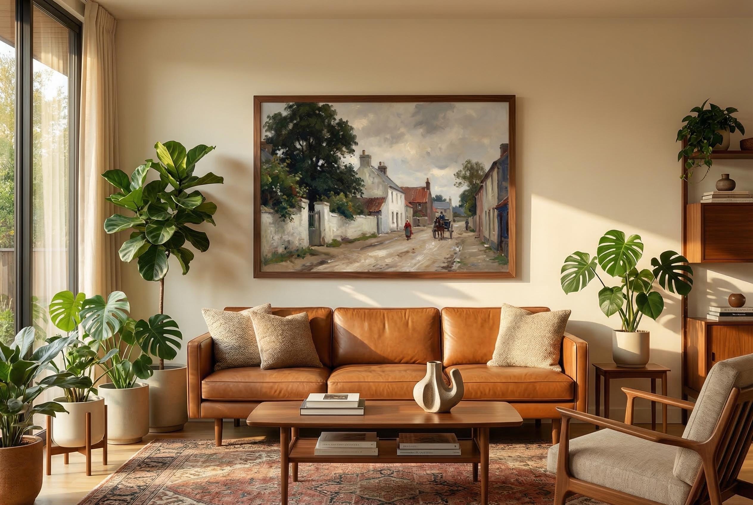Vintage European Village Painting French Country Street Scene Art Rustic Farmhouse Landscape Print