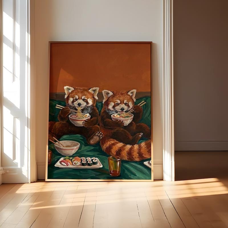 Funny Red Panda Wall Art: Cute Sushi Date - Cozy Kitchen Decor