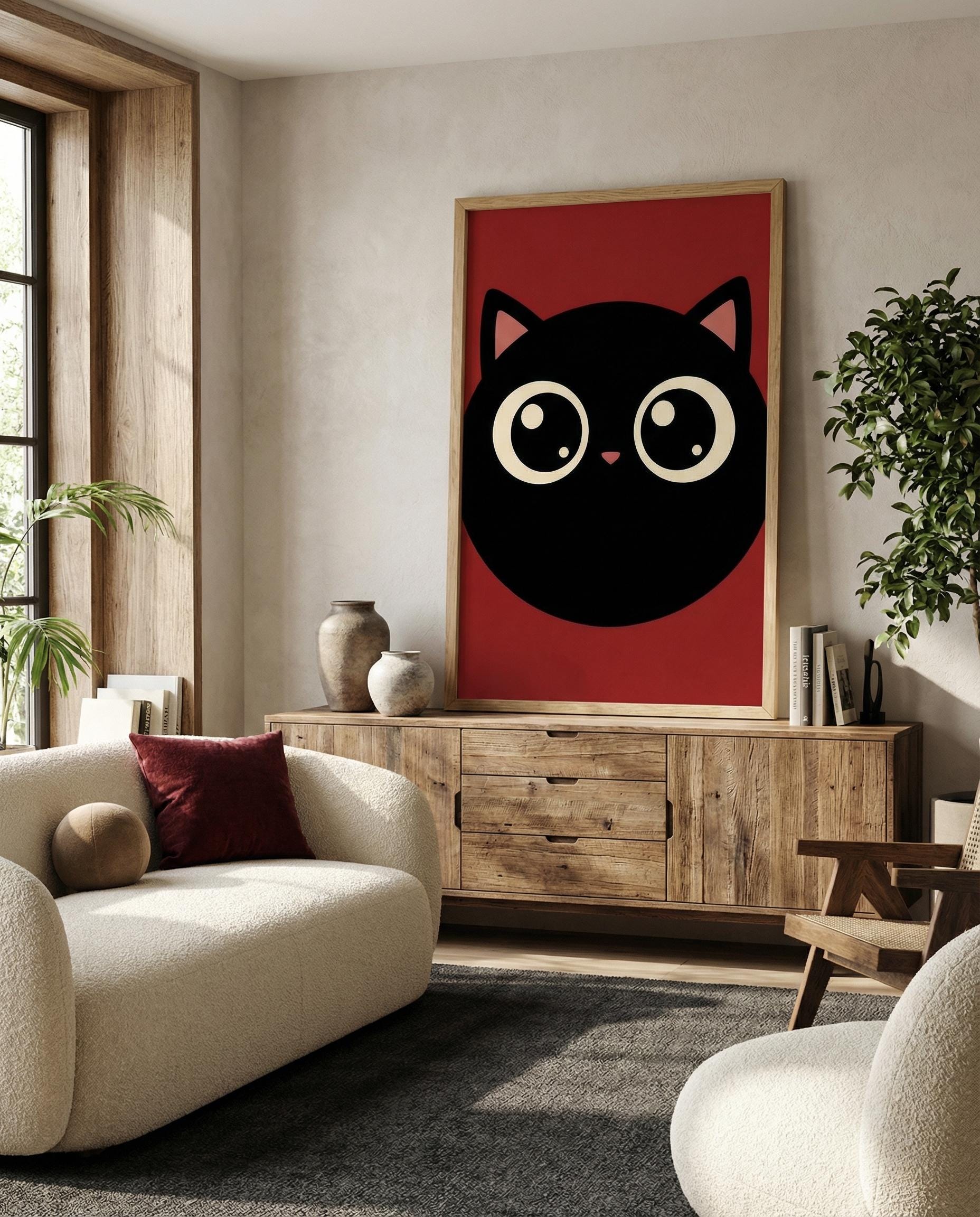 Red Owl Wall Art Print - Japanese Minimalist Style