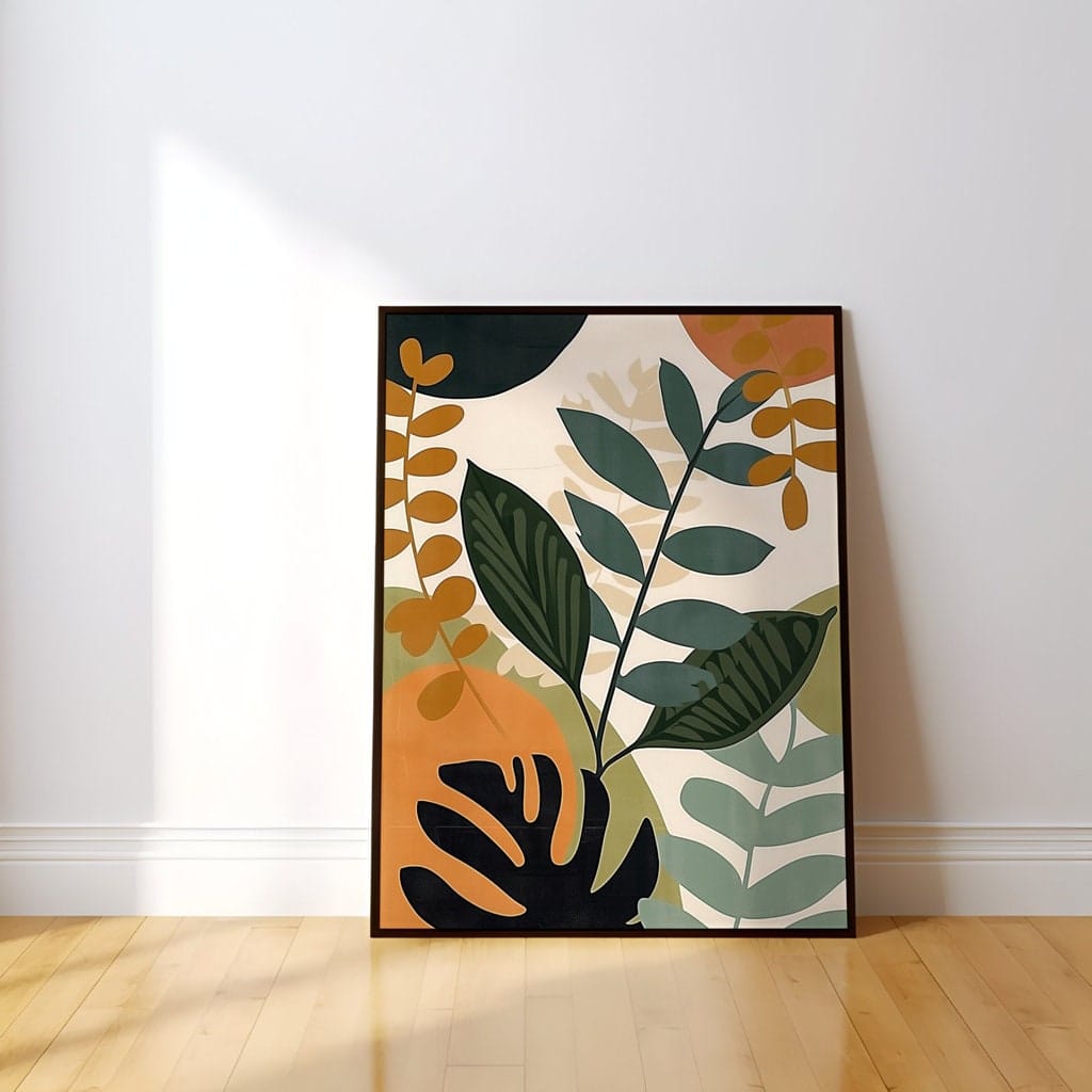 Boho Tropical Leaves Canvas, Mid-Century Modern Style (Ready to Hang)