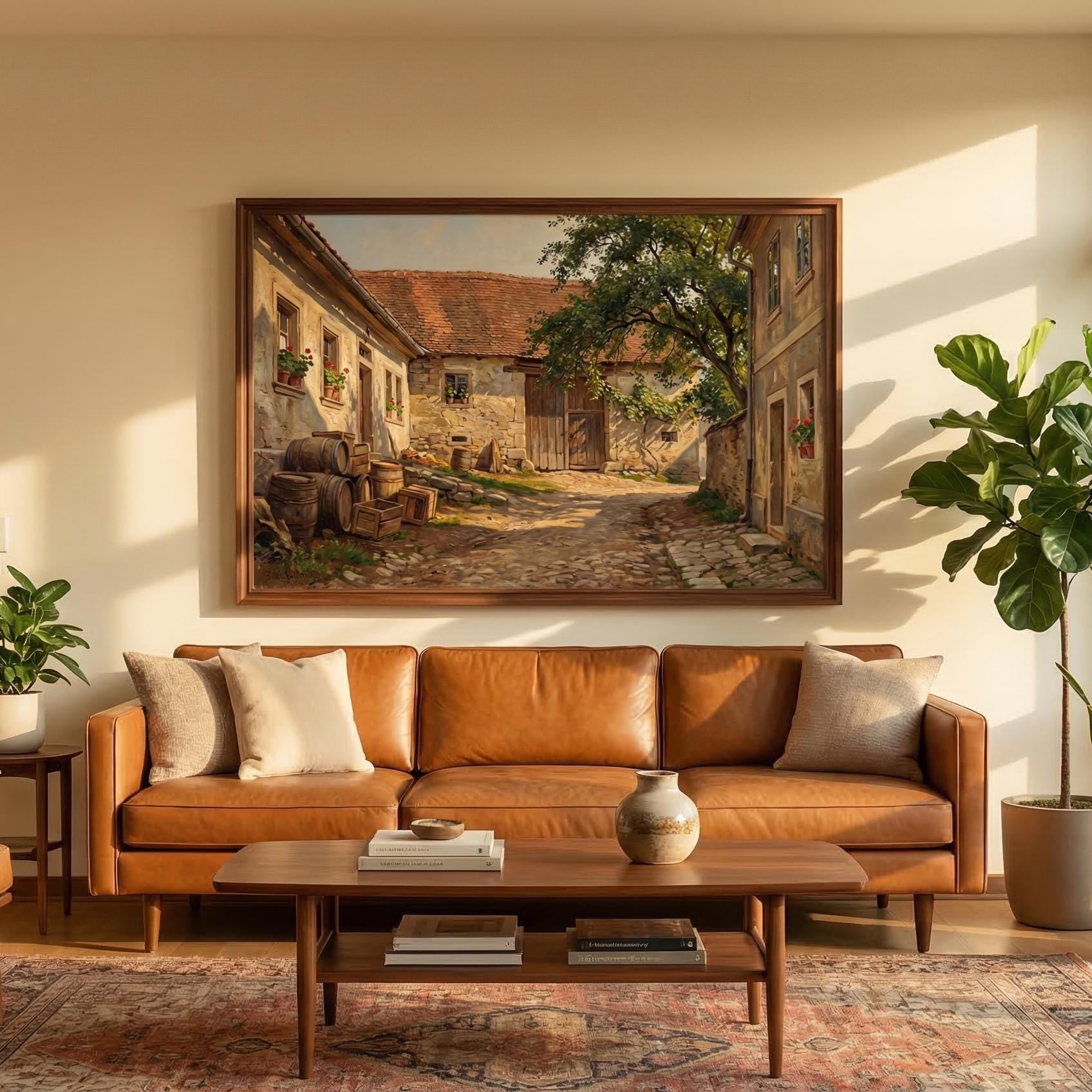 Vintage European Courtyard Painting, Rustic Wine Barrel Wall Art, Tuscan Farmhouse Decor Print