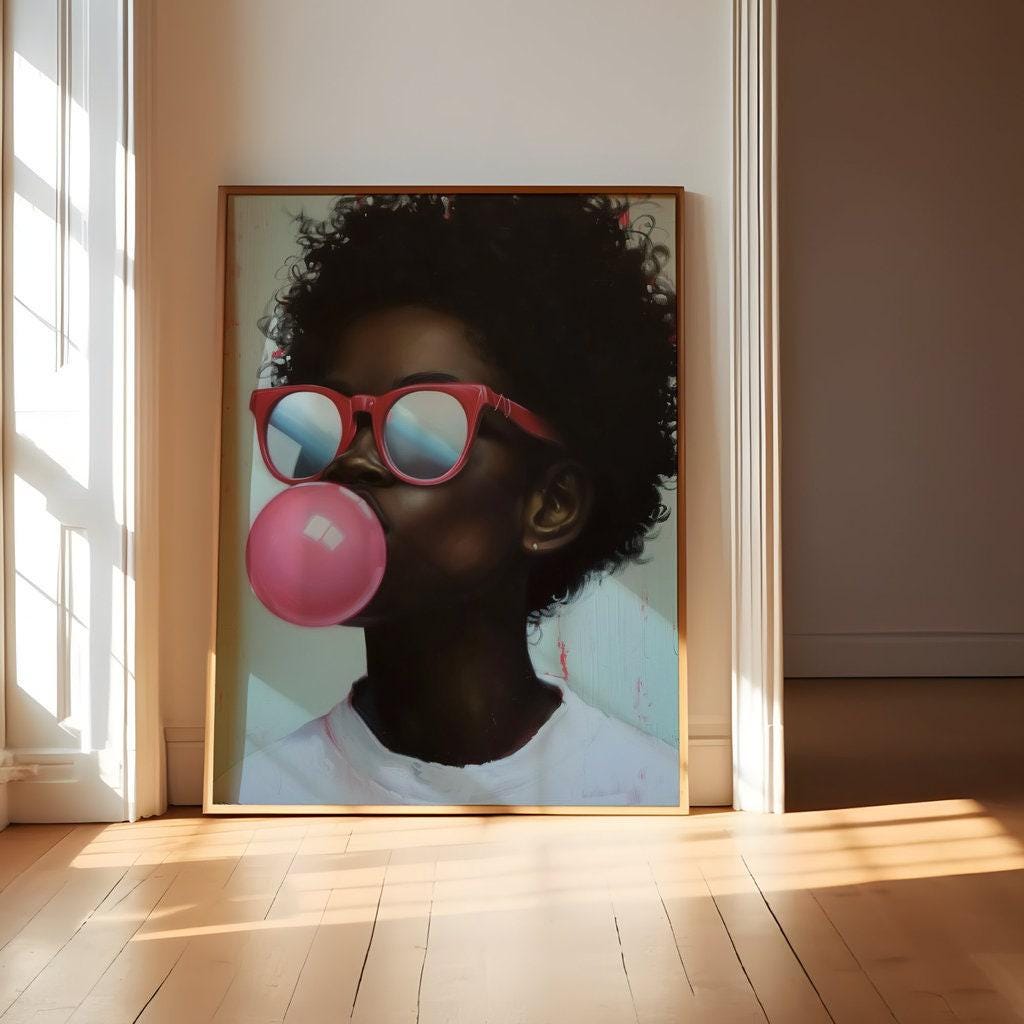 Vibrant African American Portrait Canvas: Bold Colors, Bubble Gum Pop