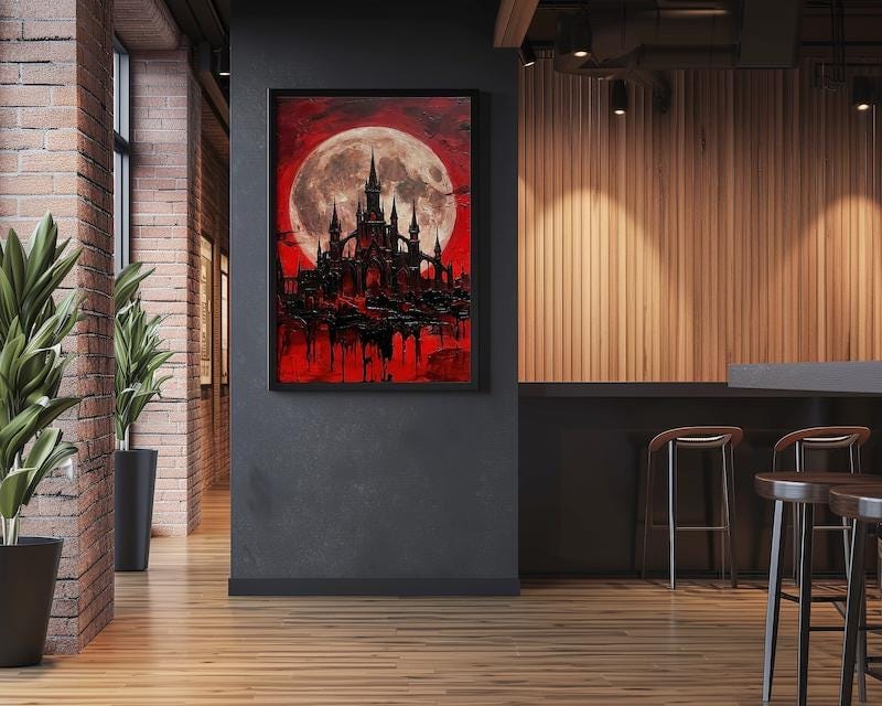Castle Wall Art: Blood Moon Scene - Gothic Dark Fantasy Decor