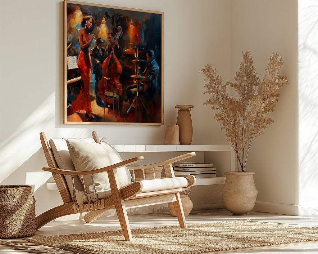 Jazz Club Serenade: Woman in Red Dress with Band Art | Soulful & Vibrant Music Decor