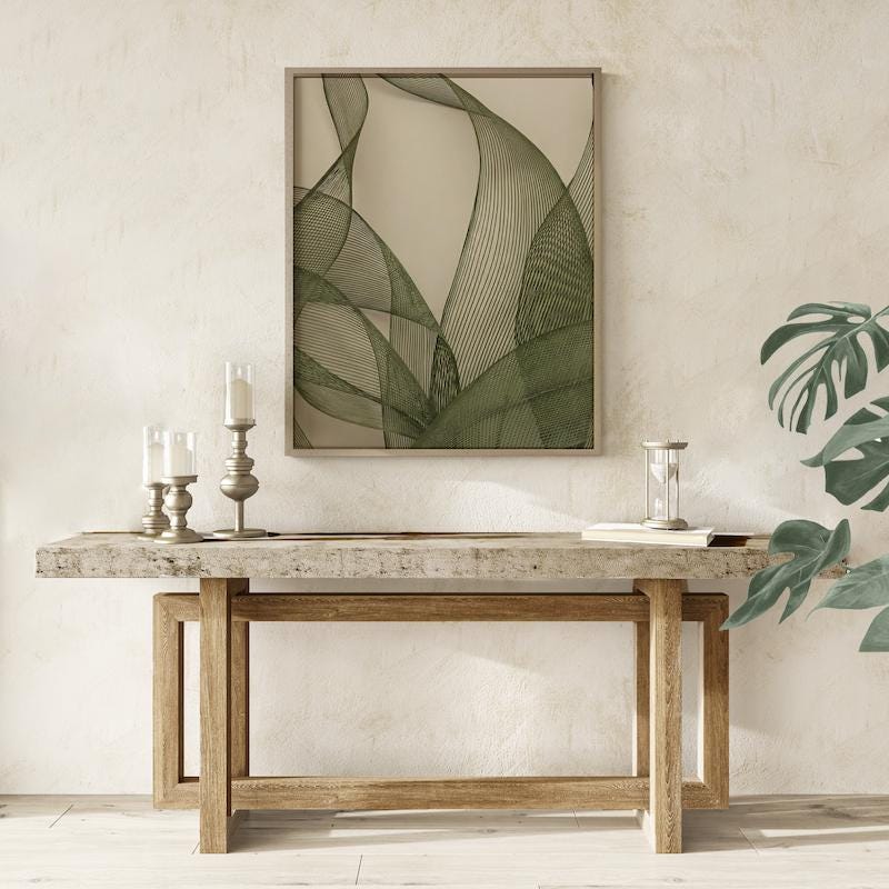 Abstract Olive Green Wall Art: Modern Sage and Beige Mesh Print