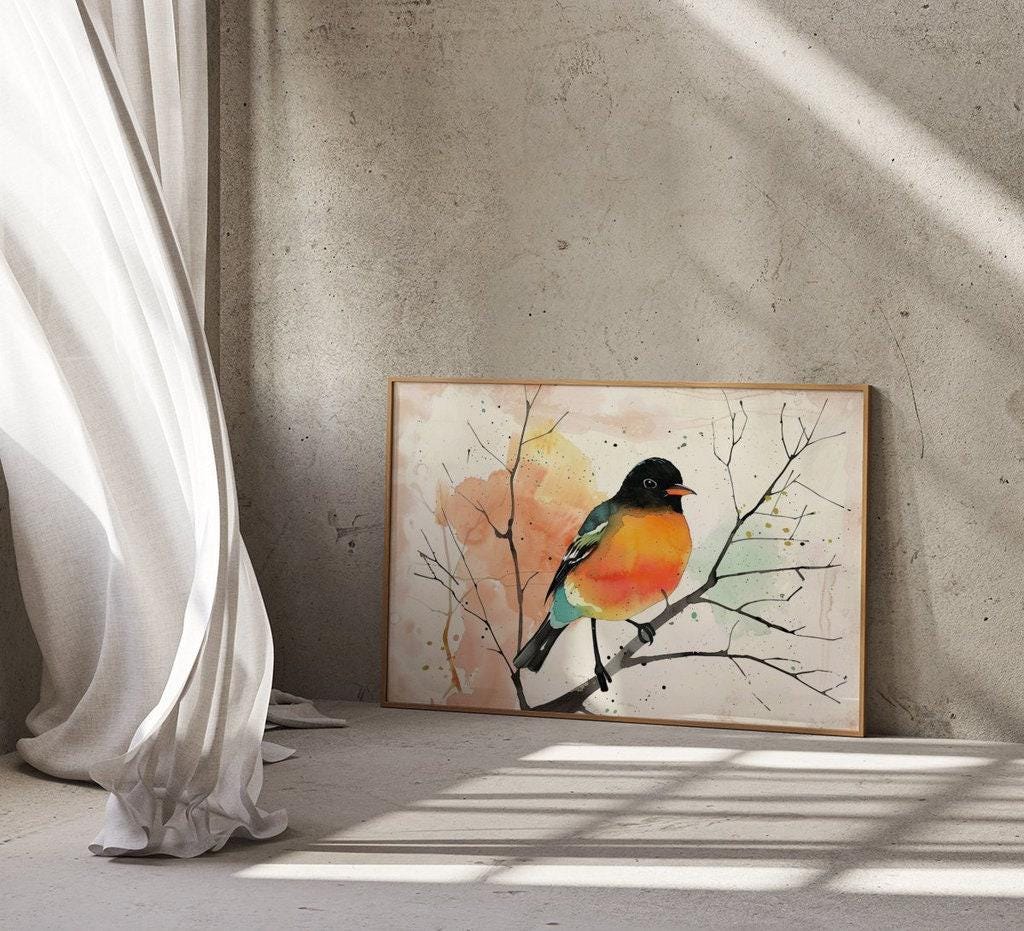 The Soloist: Vibrant Orange & Black Bird Watercolor Art | Modern Abstract Wall Decor