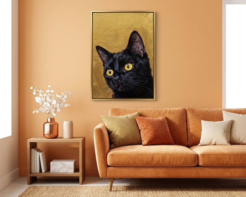 Black Cat & Butterfly Gold Wall Art Print