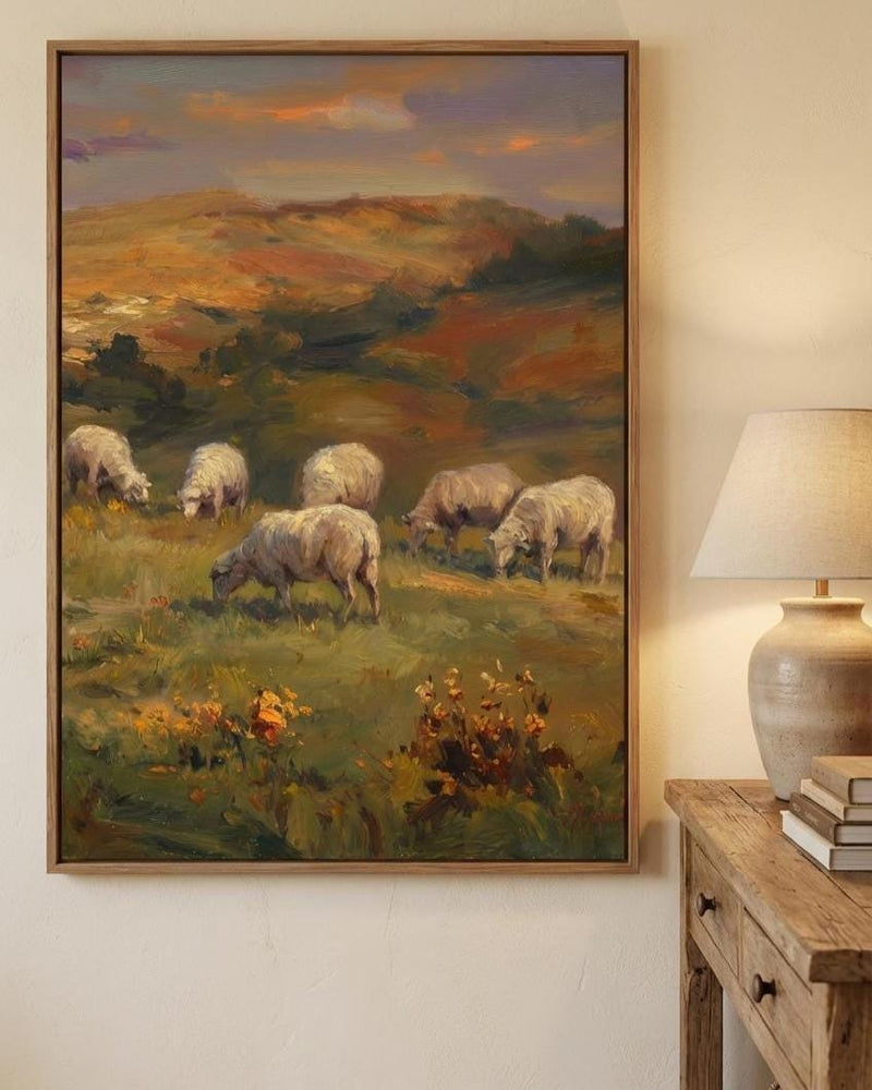Rustic Sheep Art Print - Golden Hour Pasture | Farmhouse Wall Decor