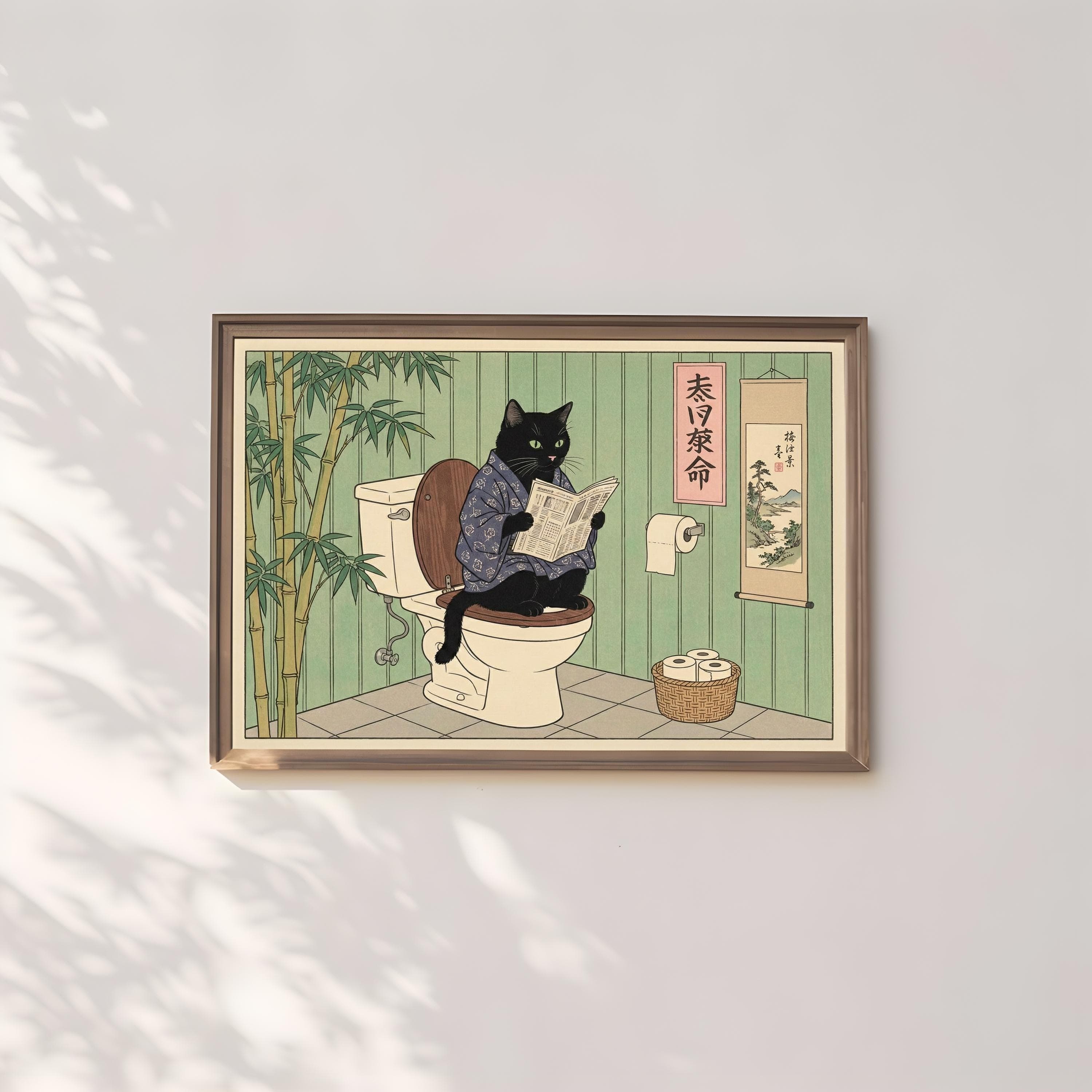 Japanese Style Black Cat Print, Toilet Humor (Canvas or Paper)