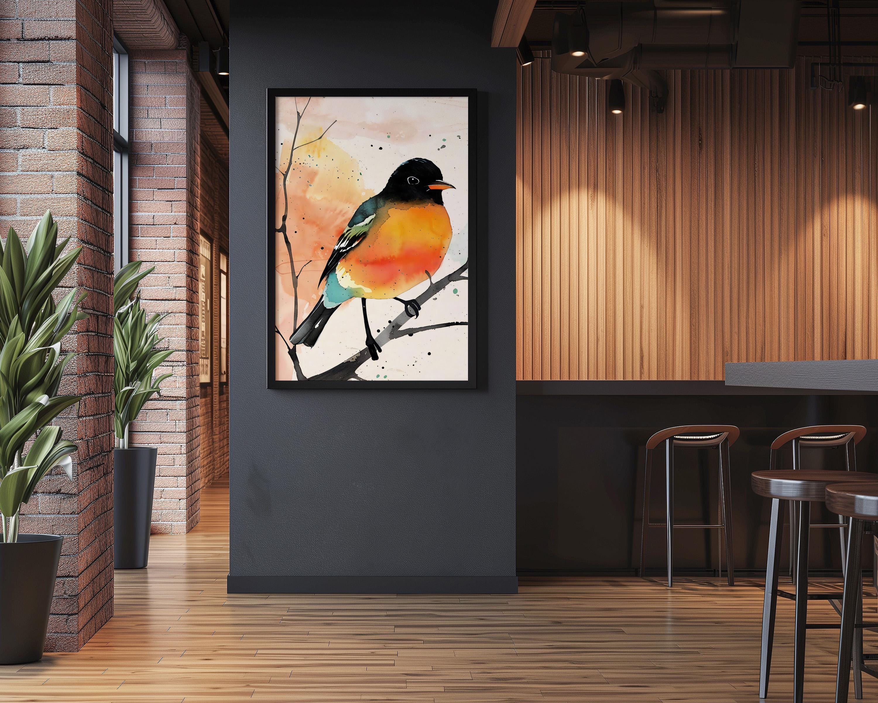 The Soloist: Vibrant Orange & Black Bird Watercolor Art | Modern Abstract Wall Decor
