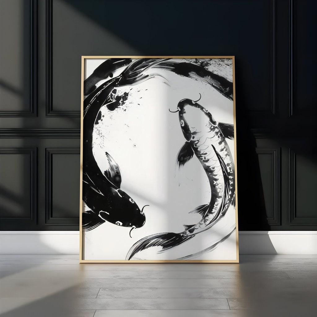 The Dance of Two: Abstract Black & White Koi Fish Art | Modern & Serene Wall Decor
